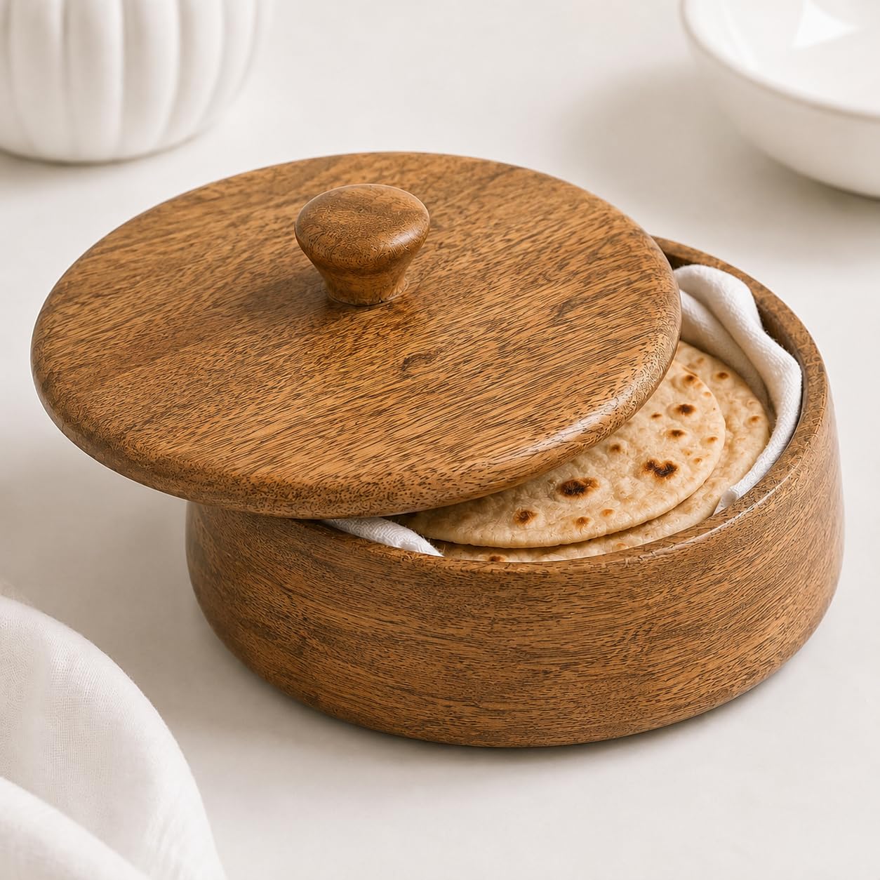 Wooden Roti Box 9x4 Inch | Wooden Chapati Box with Lid | Kitchen Casserole for Roti, Bread Storage & Serving (Brown)-image-27
