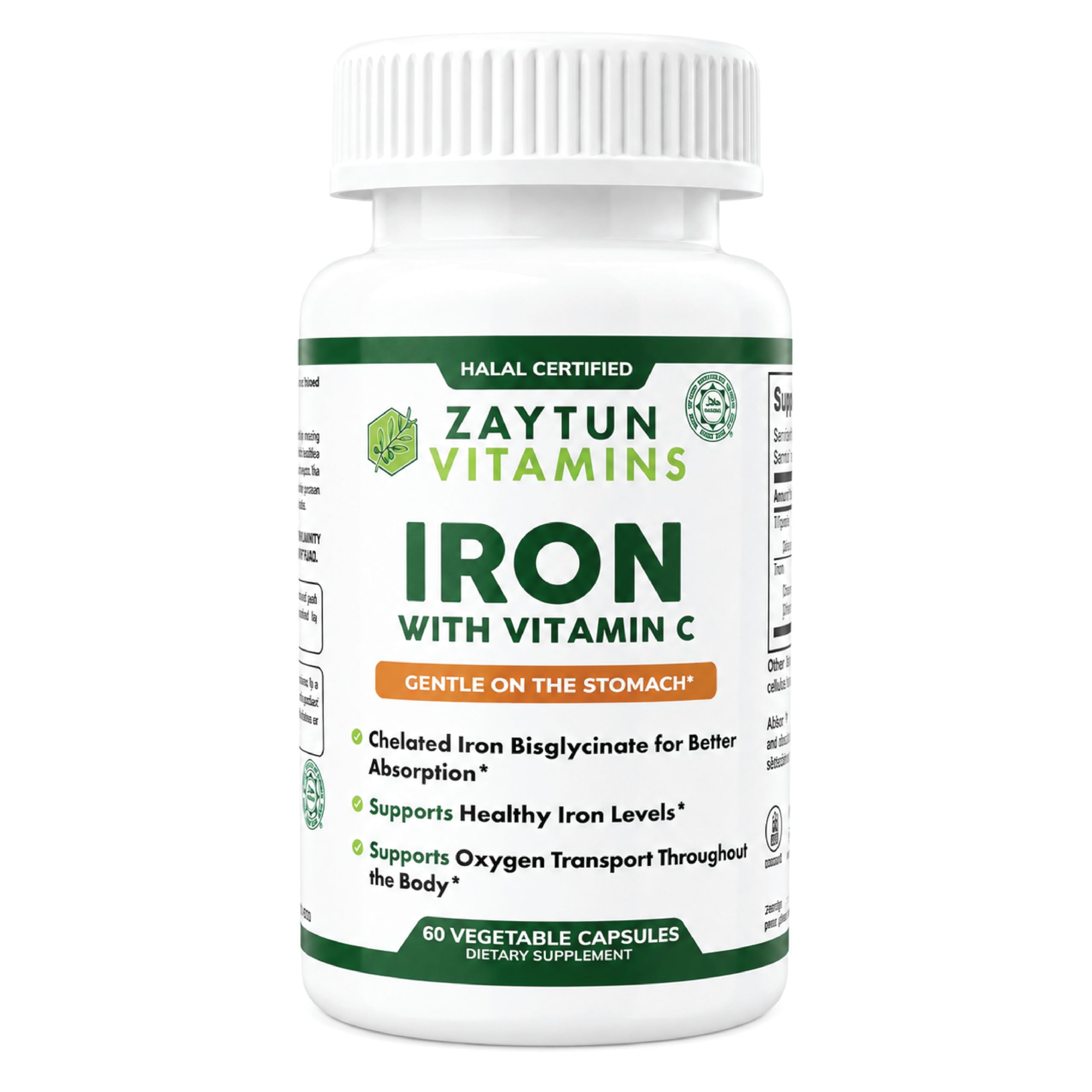 Zaytun Halal Iron + Vitamin C, One Per Day, with Albion Ferrous Bisglycinate for Enhanced Absorption, Vegetarian, 60 Capsules, Made in USA, Halal Vitamins