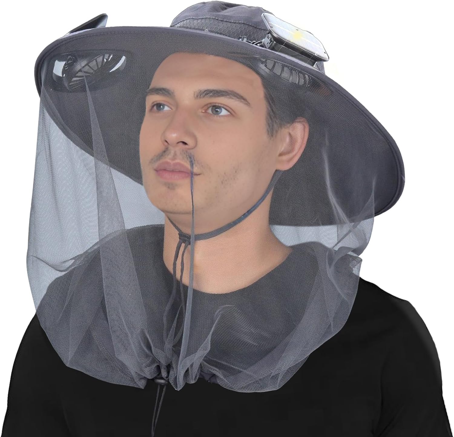 Wide Brim Sun Hat with Fan - Solar Powered Fan Hat with Mosquito Head Net, Men Cooling Hat for Outdoor, Fishing