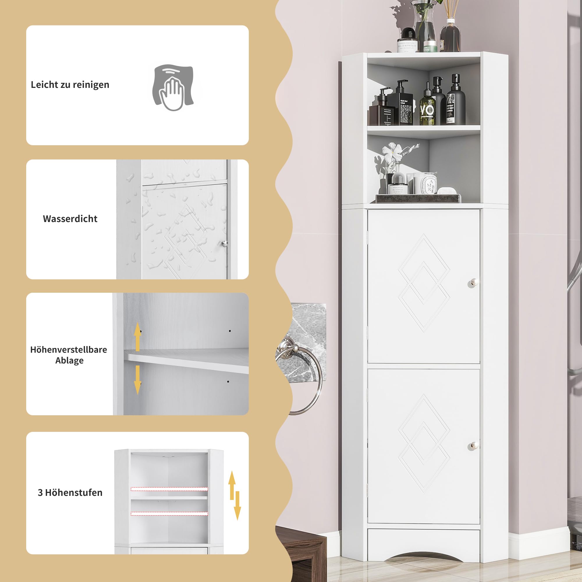 Kebnor Badschrank, Badmöbel, Eckschrank mit Zwei Ablagefächern, offenes Fach mit verstellbarem Einlegeboden, 36.5X 36.5 x 155 cm (weiß)