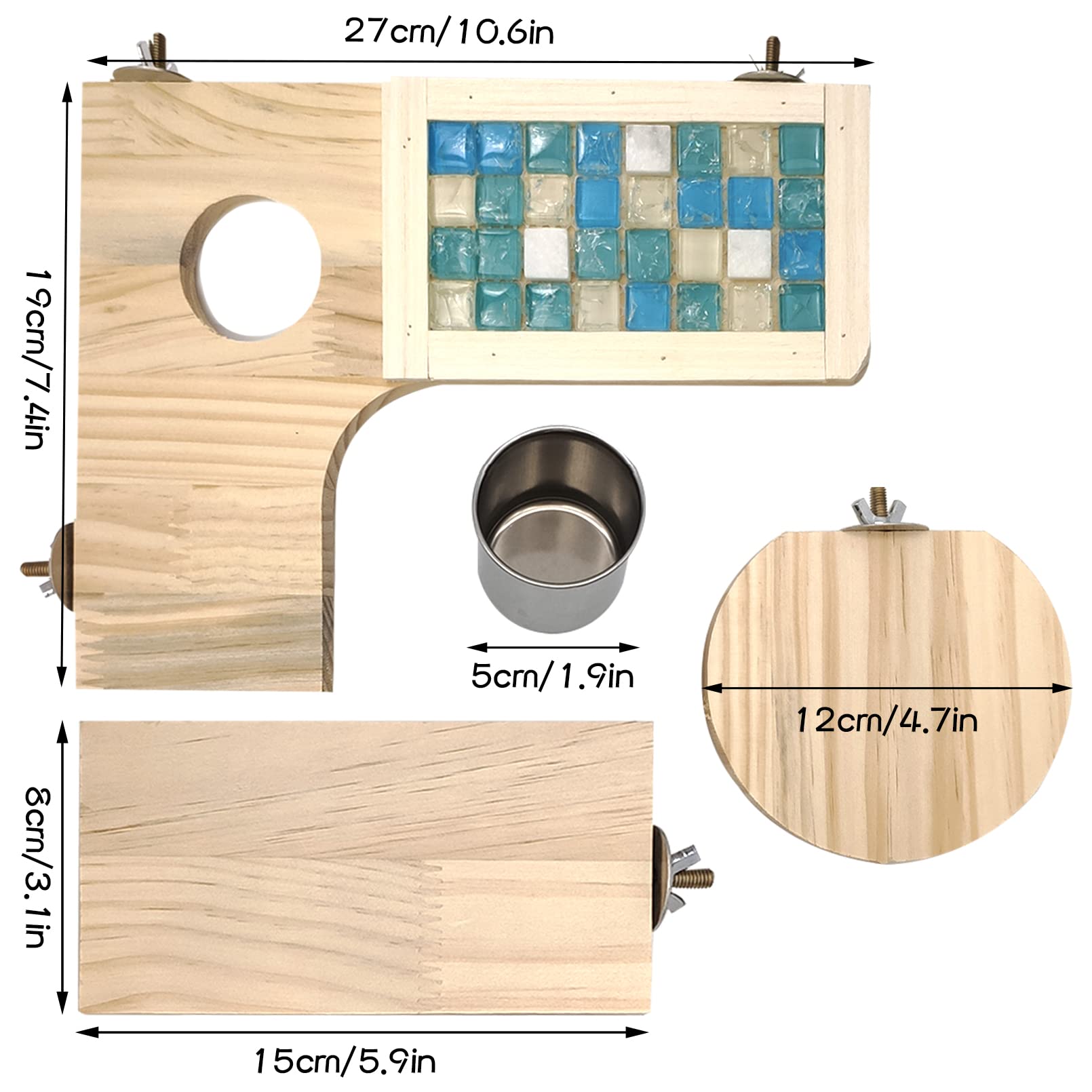 BNOSDM 7-teiliges Hamster-Holzplattform-Set für Hamster, L-förmiges rundes Loch, Pedal, Holz, Stehplattform, Ratten, Aktivitätsspielzeug, Käfigzubehör für Rennmäuse, Chinchilla, Papagei, Eichhörnchen