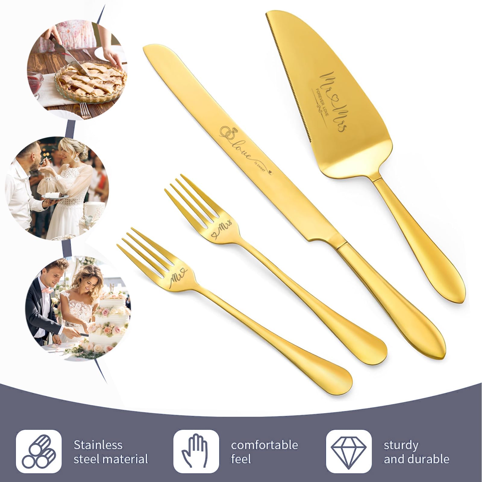 Juego de 6 copas de champán de boda con cuchillo para tartas y servidor, regalos de boda para novia y novio, regalos de compromiso para despedida de soltera (dorado)