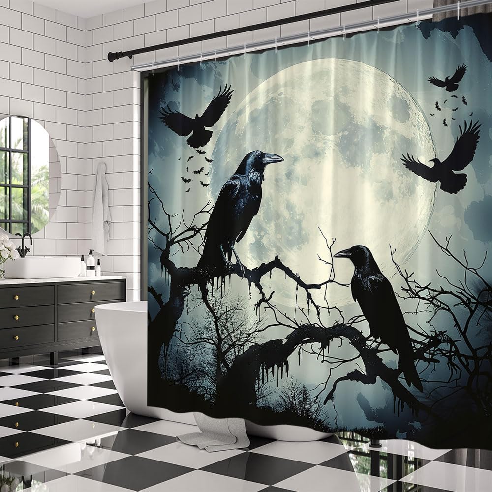 Halloween Raven Shower Curtain Goth Crow on Branch Tree Full Moon Misty Forest Horror Bat Gothic Watercolor Scary Animal Fabric Bathroom Decor Curtains with Hooks,70 x 90