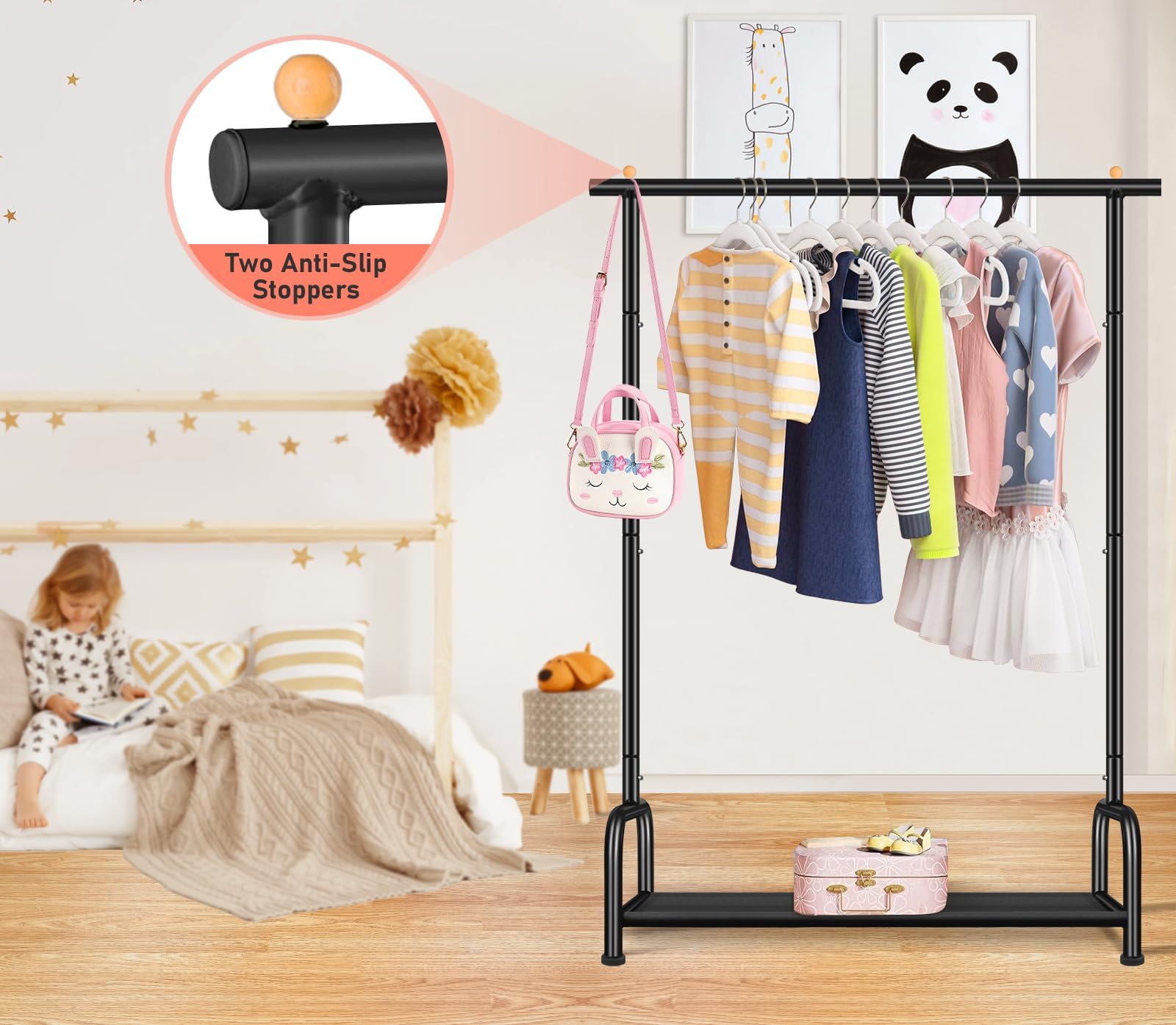 SLEEPING LAMB Kids Clothing Rack, Small Baby Clothes Rack with Bottom Storage Shelf, Toddler Clothes Hanger Rack with Bottom Storage Clothing Racks for hanging Clothes, Black