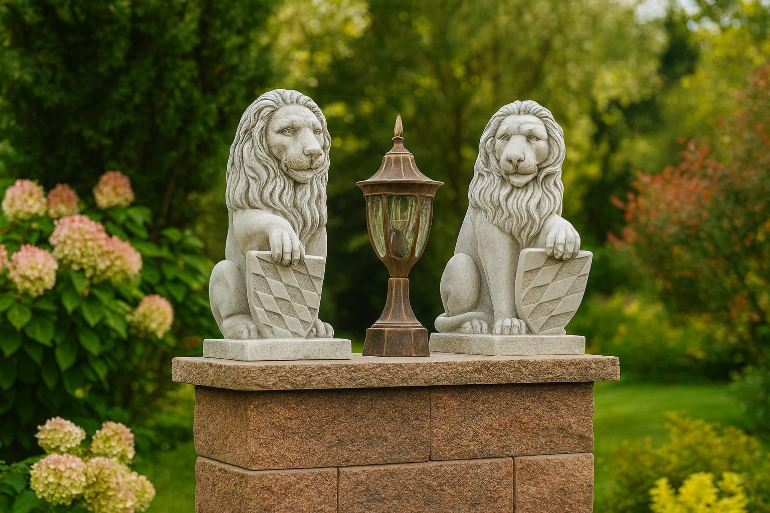 Set di due leoni, in pietra artificiale, statuette da giardino, ornamento, decorazione