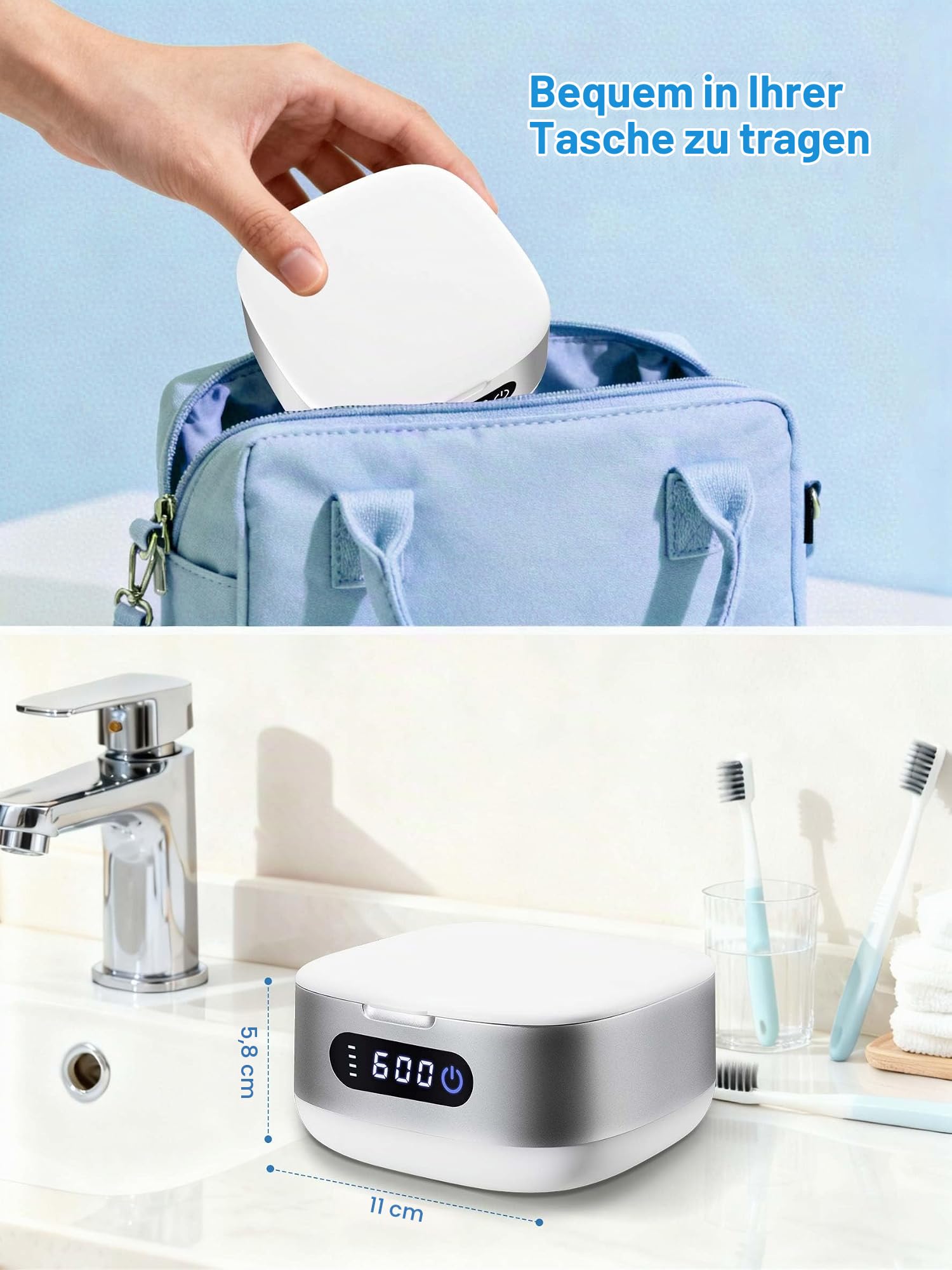 Voraiya Ultraschallreiniger für Zahnschienen Ultrasonic Cleaner mit 4000mAh Akku IPX6 Wasserdichtes Ultraschallreinigungsgerät 166ml Ultraschallbad für Aligner, Zahnspangen, Zahnersatz & Reisen