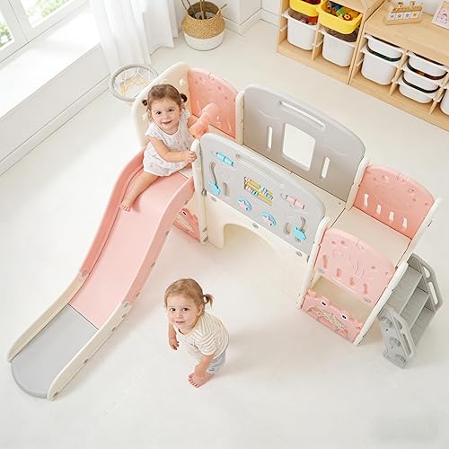 Miniatura 7 de Juego multiactividad 11 en 1 para niños pequeños con tobogán, aro de baloncesto y telescopio, patio de juegos para interiores y exteriores para