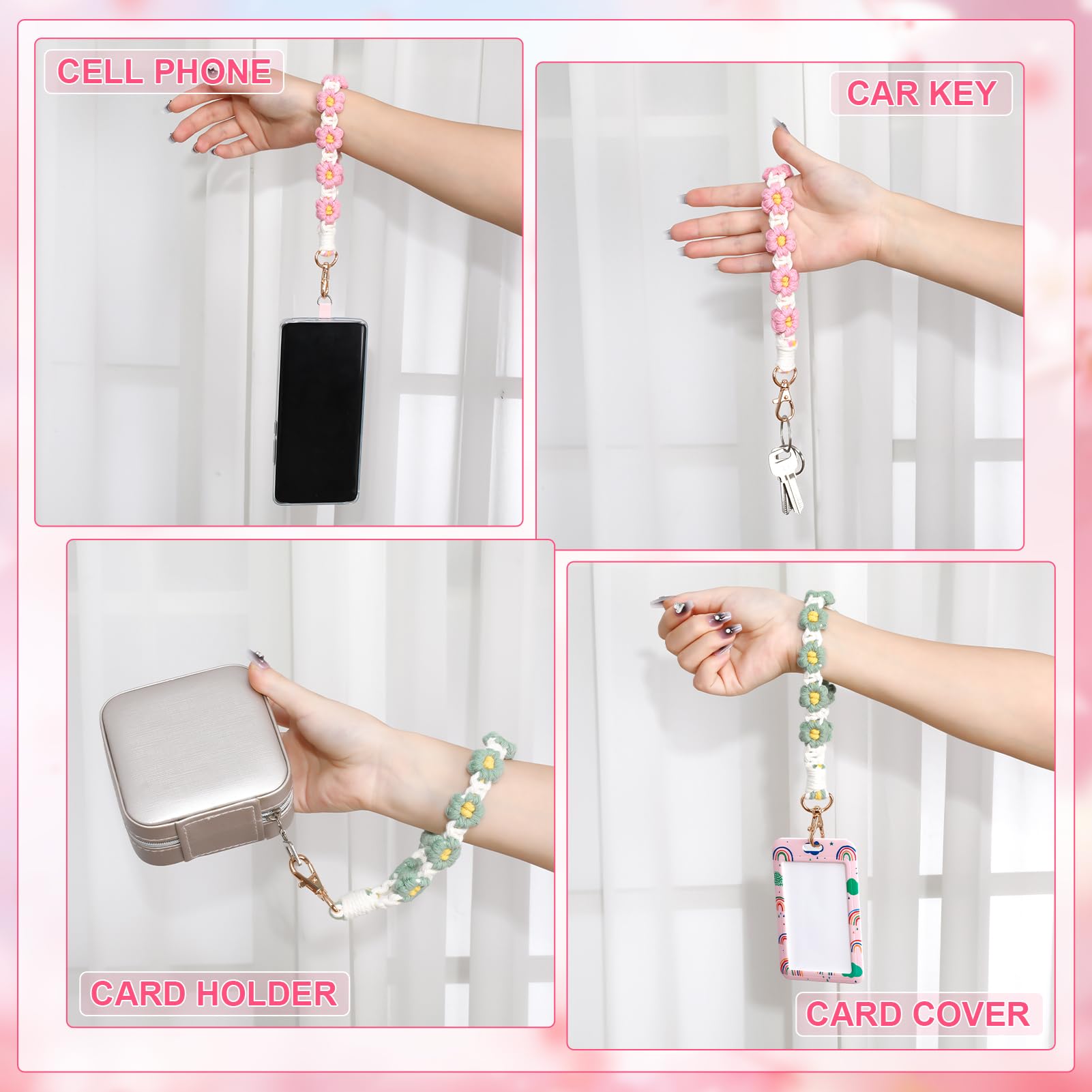 2 Stück Makramee-Handyschlaufe Mit Haltegurt - Anti-Diebstahl-Armband Für Handy, Hellgrau/rosa