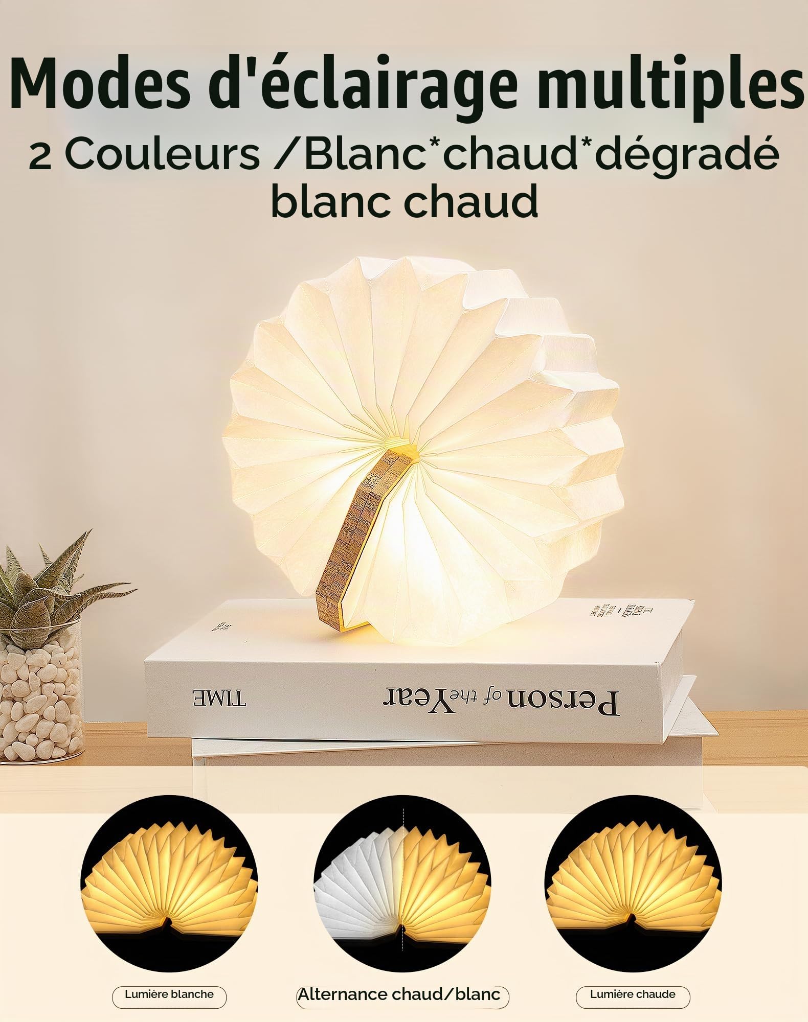 Lampe Accordéon Pliable Originale, Lampe de Bureau en Bois Portable, Lanterne en Papier LED avec USB pour Décoration Intérieure, Chambre et Bibliothèque (Bambou)
