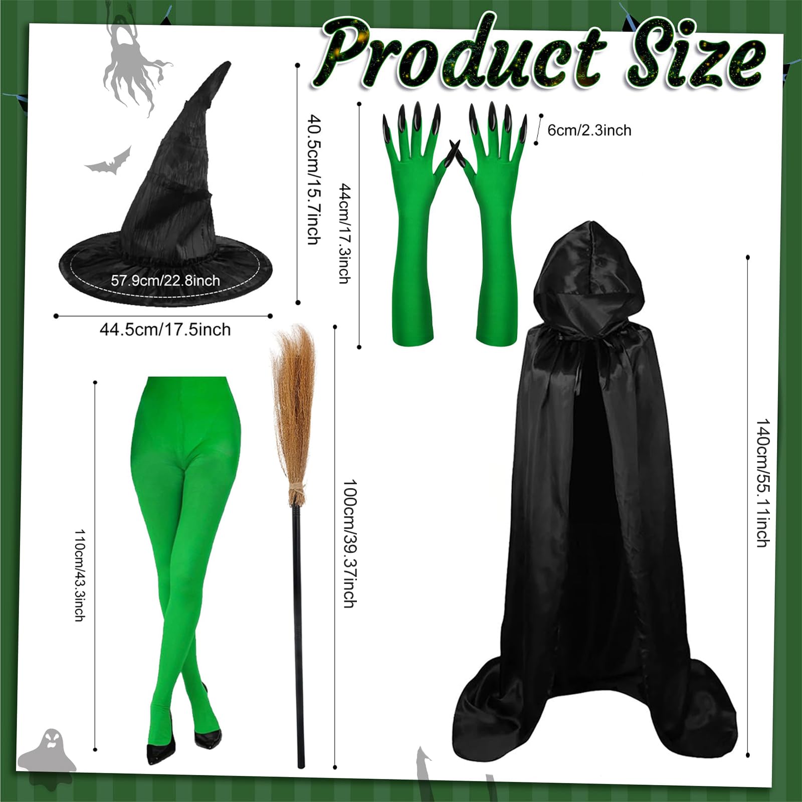 SGFNXB Halloween Costumes Adult Women, 5 PCS Witch Costumes Set Witch Cape, Hat, Gloves, Stockings and Broom - Image 2