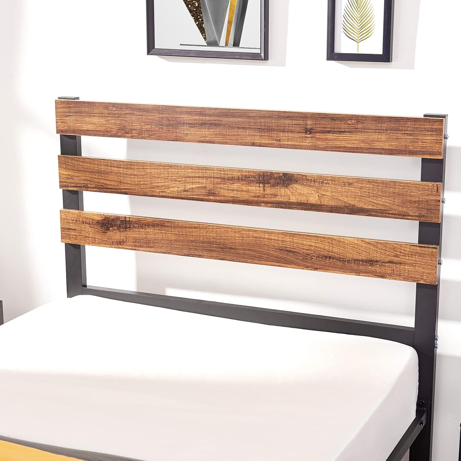 GreenForest Twin Bed Frame with Wooden Headboard Platform Bed with Metal Support Slats NO-Noise Heavy Duty Bed Industrial Style with 9 Strong Legs, Mattress Foundation, Twin
