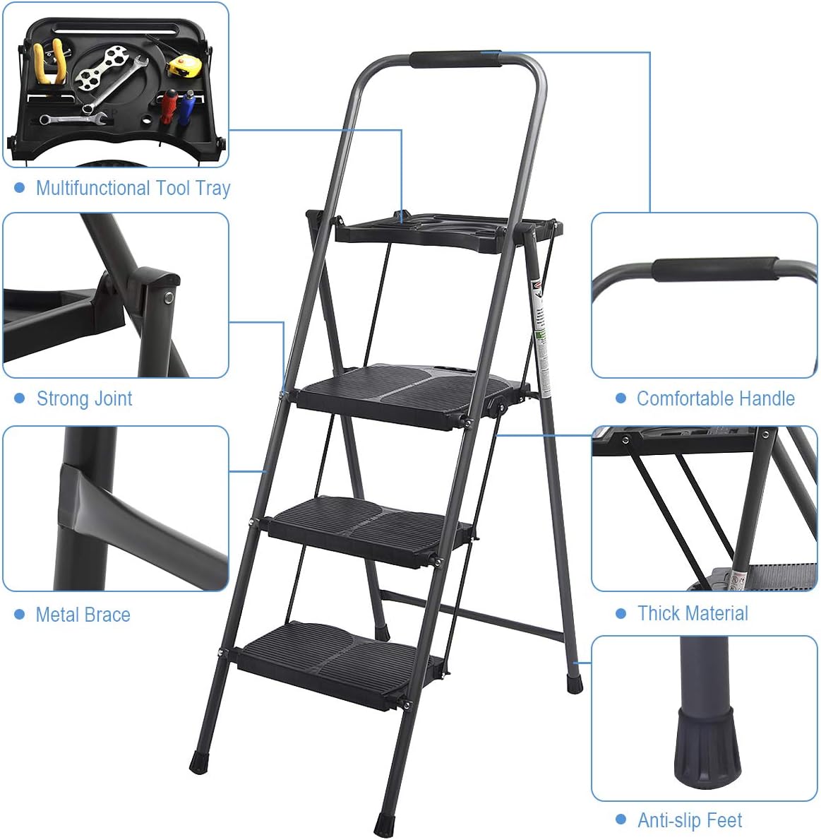 Giantex 3 Step Ladder Folding Ladder Stool with Tool Platform 330 LBS Capacity Space Saving Foldable Ladder W/tray