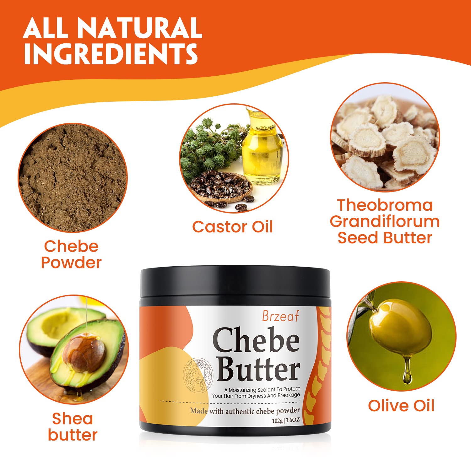 Brzeaf Vegan Chebe Butter for Hair Growth With Rosemary Oil 3.6 Oz [All-Natural Ingredients, Moisturizing, Thickening, for All Hair Types, Deep Conditioning] - Image 3