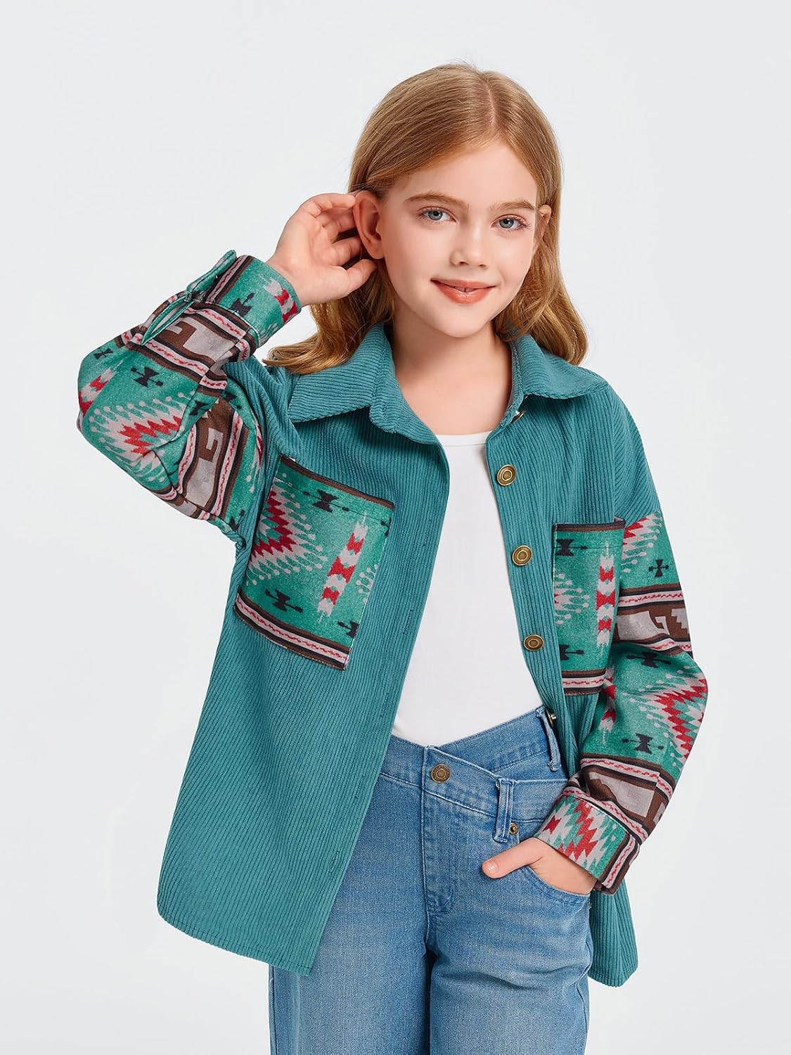 Imily Bela Girls Aztec Print Corduroy Jacket Fall Blouses 5-14 Years