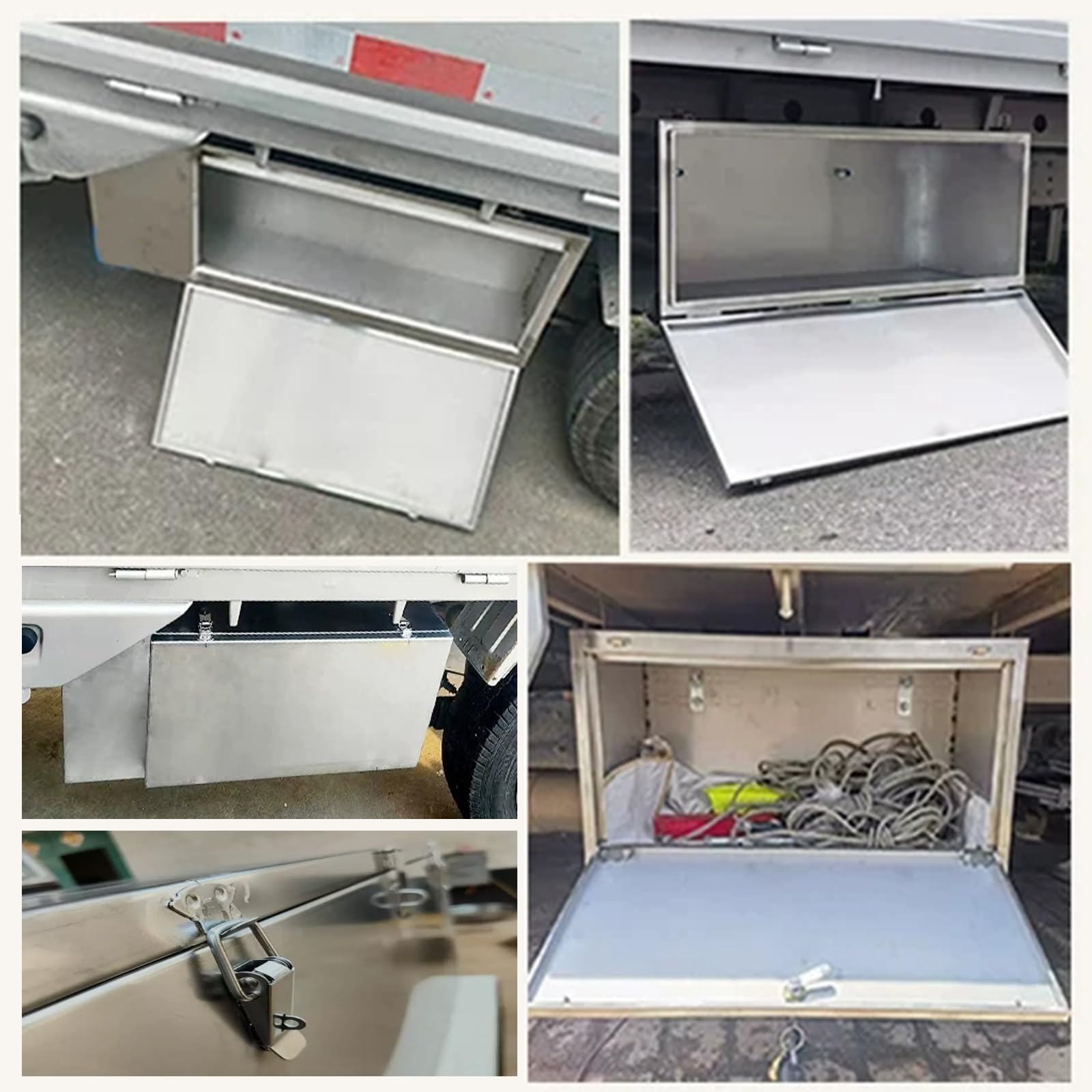 Boîte à outils en acier inoxydable pour lit de camion – Organiseur de coffre durable avec chaîne de limite et trou de cadenas pour pick-up remorque de camping-car