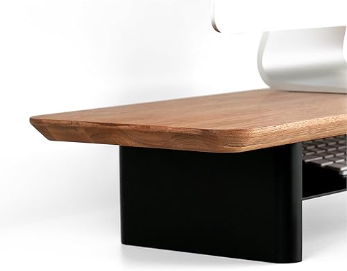 Soporte elevador grande de madera para monitor hecho de madera de fresno - Cuenta con paneles laterales blancos y estante de metal - Almacenamiento