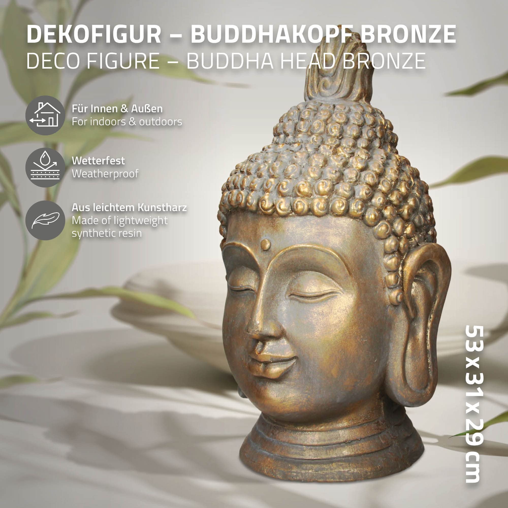 ECD Germany Statua Testa di Buddha 31 x 29 x 53 cm - in Poliresina - Aspetto Bronzo - per Yoga, Feng Shui o Meditazione - Casa o Giardino - Figura Decorativa Scultura Ornamentale da Interno/Esterno