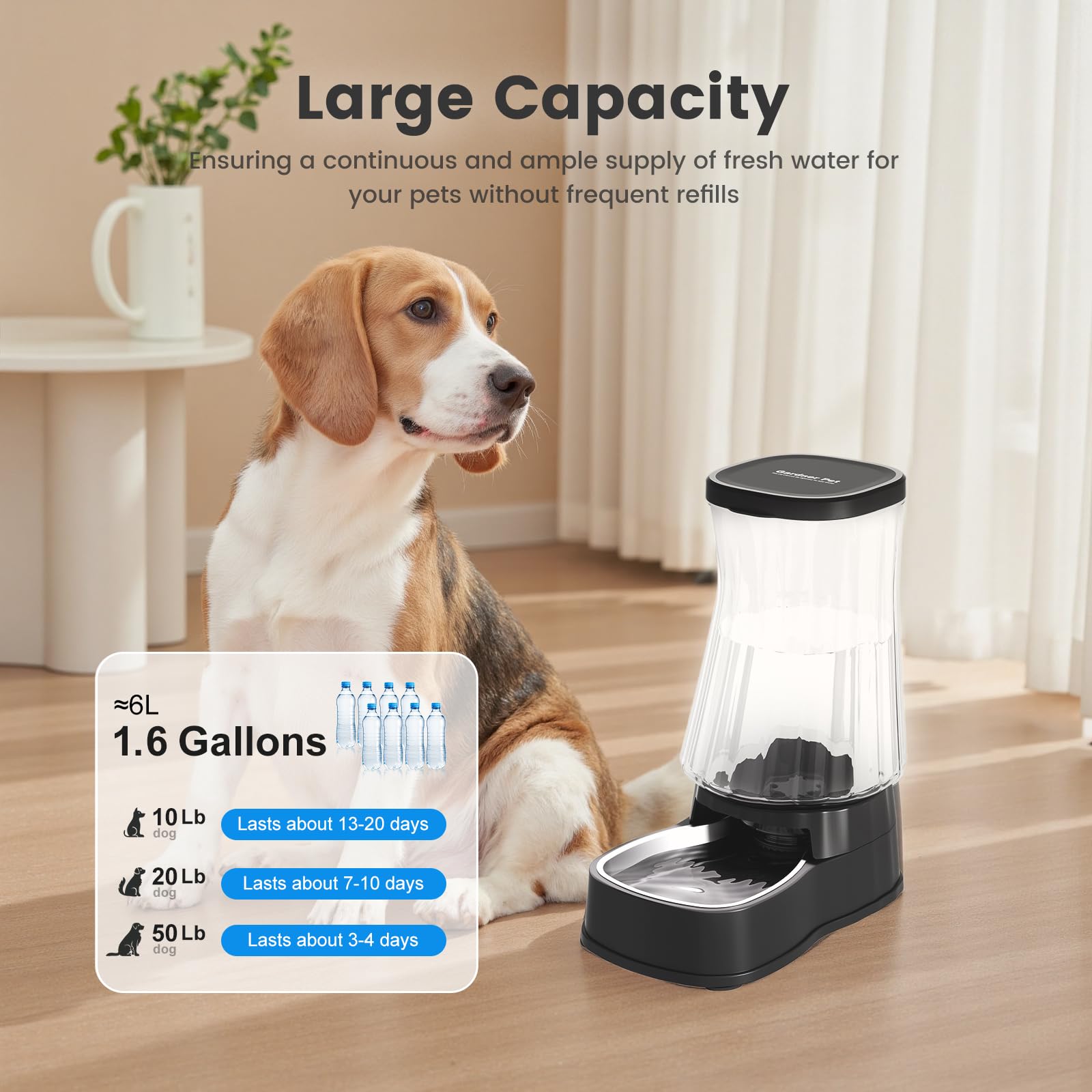 Gardner Pet 6L Dispenser Acqua Gatti, Dispenser Acqua Cani con Ciotola in Acciaio Inox, GravitÀ Abbeveratoio per Cani Non è Richiesta ElettricitÀ, Senza BPA, Nero