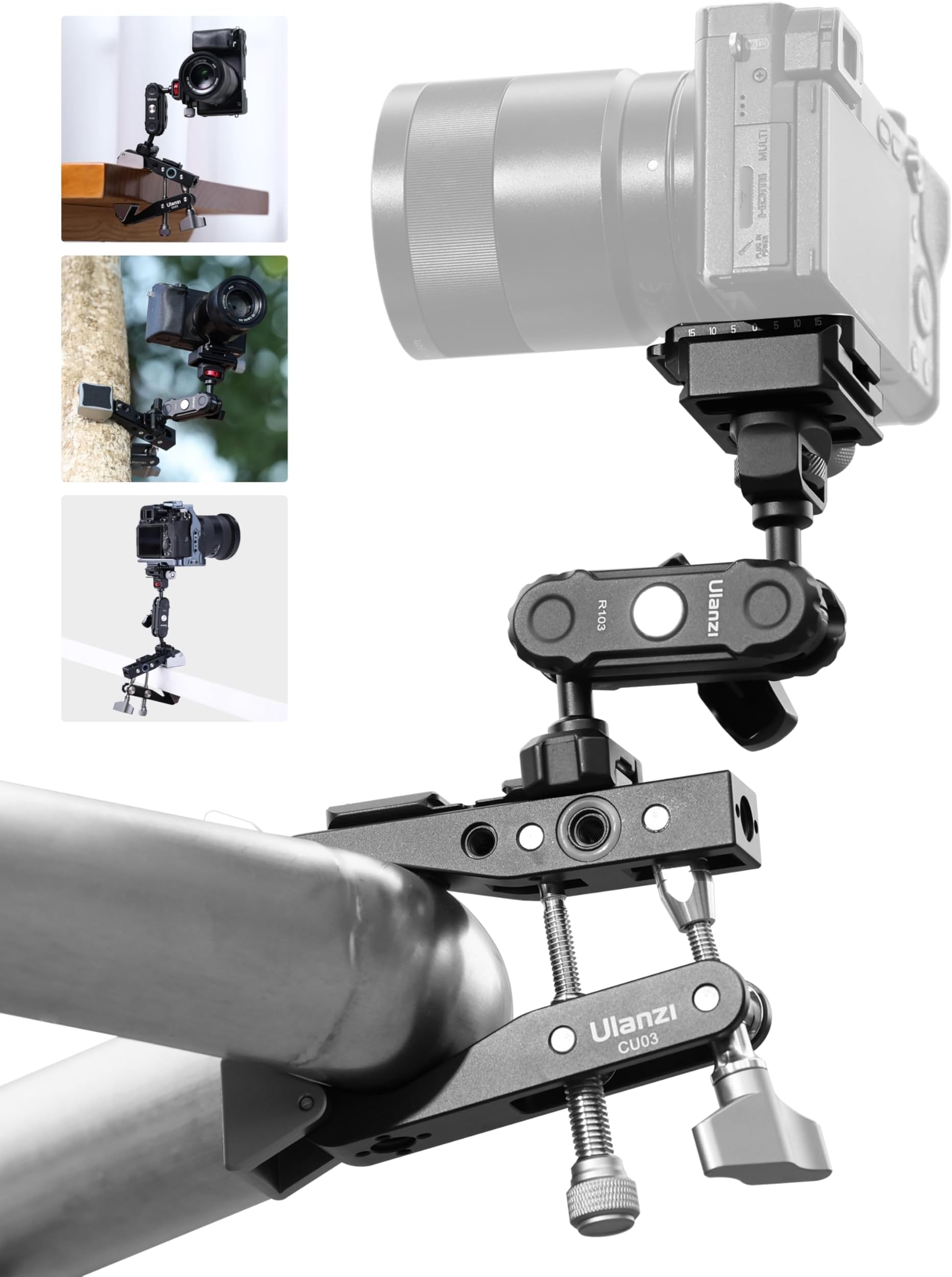 ULANZICU03 Super Clamp Camera Mount, 360 Double Ball Head Adapter With NATO Pea Pod Aka Quick-Release 1/4'' Mount for Round Pipe Flat Surface Studio Lighting