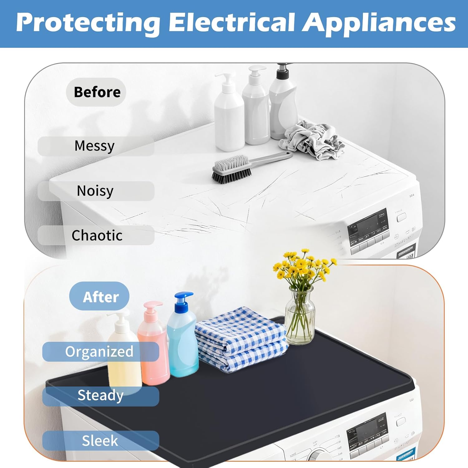 2 Pcs Washer And Dryer Topper Protector Silicone Mat 24"X24" Waterproof Washing Machine Top Cover with Raised Edges Non-Slip Laundry Countertop for Washer Dryer, Black