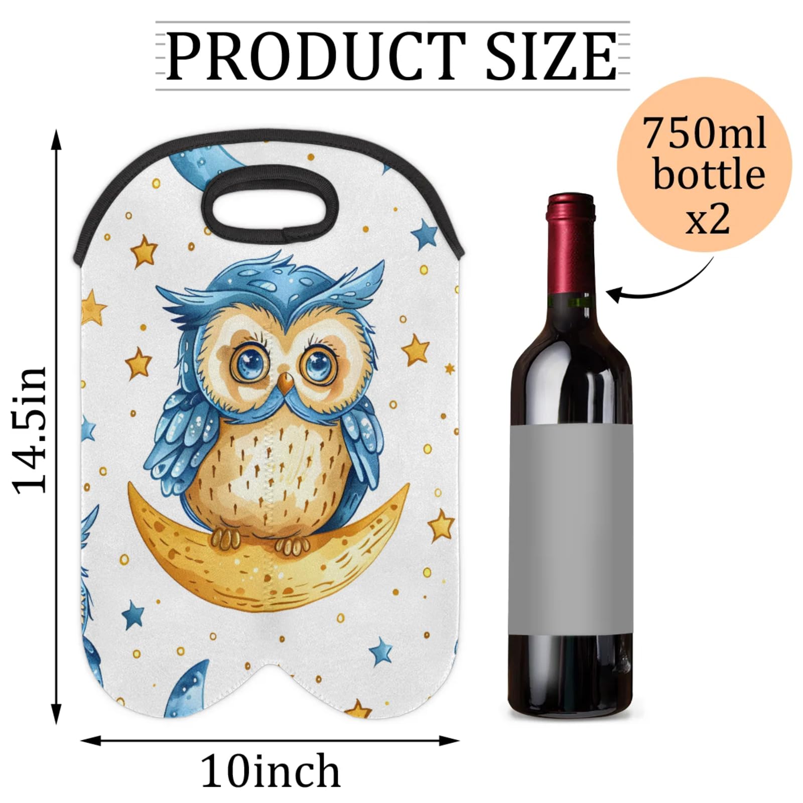 GzLeyigou 2 Bottles Owl Wine Bag Sleeve Totes Cute Neoprene Protective Wine Carrier Bag for Wine,Water, Champagne, Beer, Baby Bottles,Gift 14.5 x 10 Inches