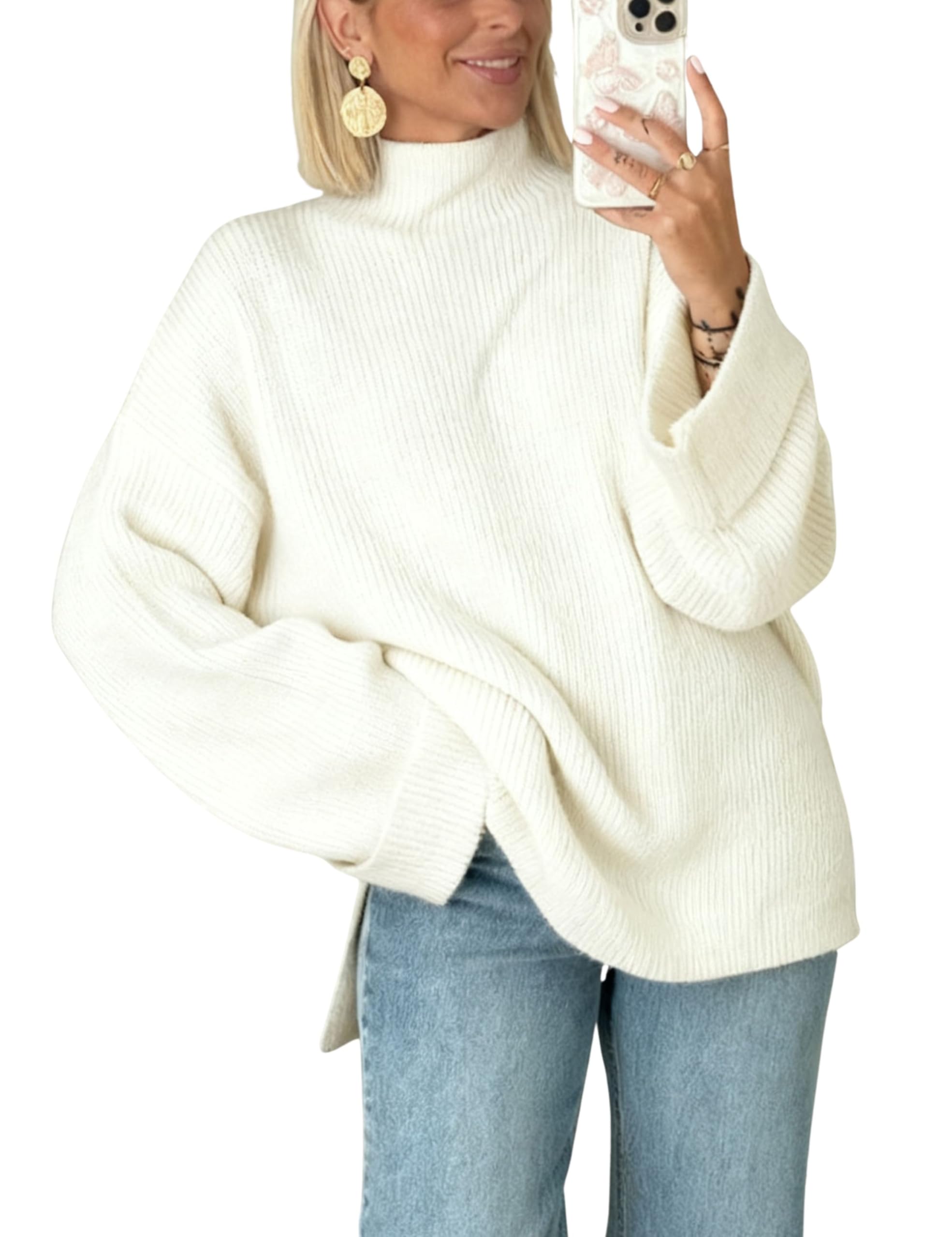 Oversized Womens Knit Sweater Cozy Ribbed Turtleneck Pullover with Side Slits