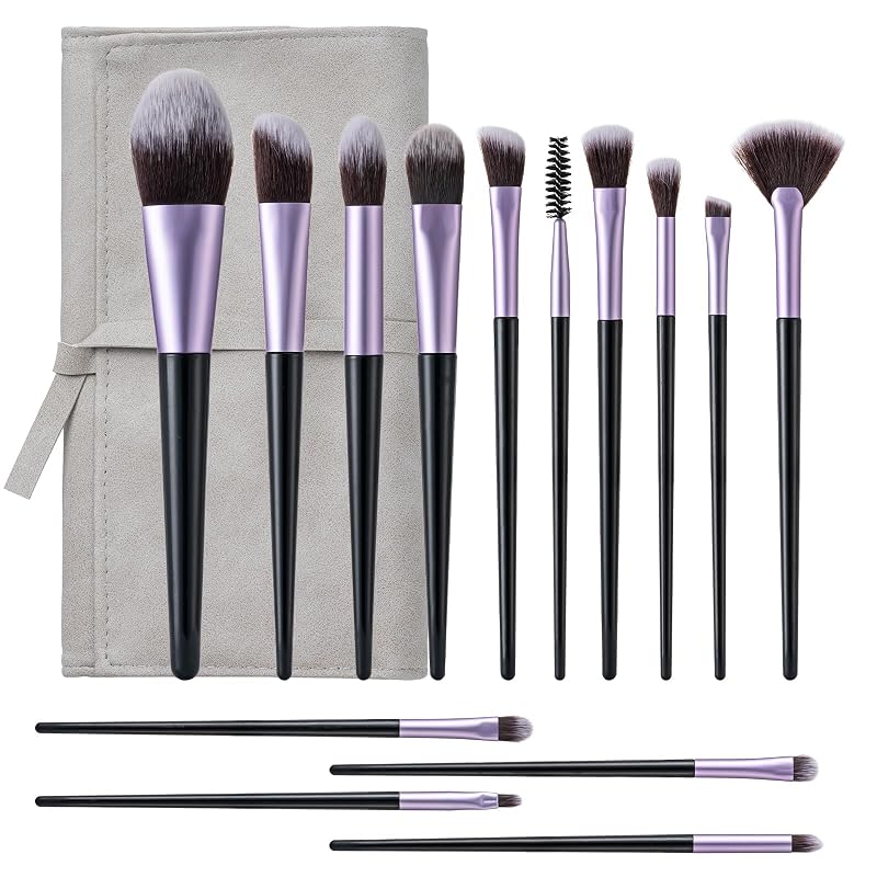 Kit de 14 Pincéis de Maquiagem Amrules com Bolsa de PU, Roxo-claro