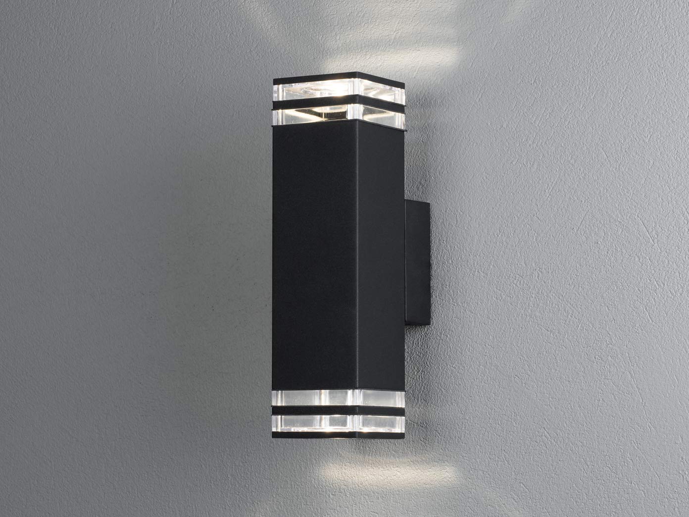 Konstsmide Handmade Outdoor Wall Light Mains Powered/Pollux Double Up Down Modern Lantern/2x7 Watt Max GU10 Lamp/Clear Acrylic Glass Lens/Aluminium/IP44/Black Outside Light - Image 2