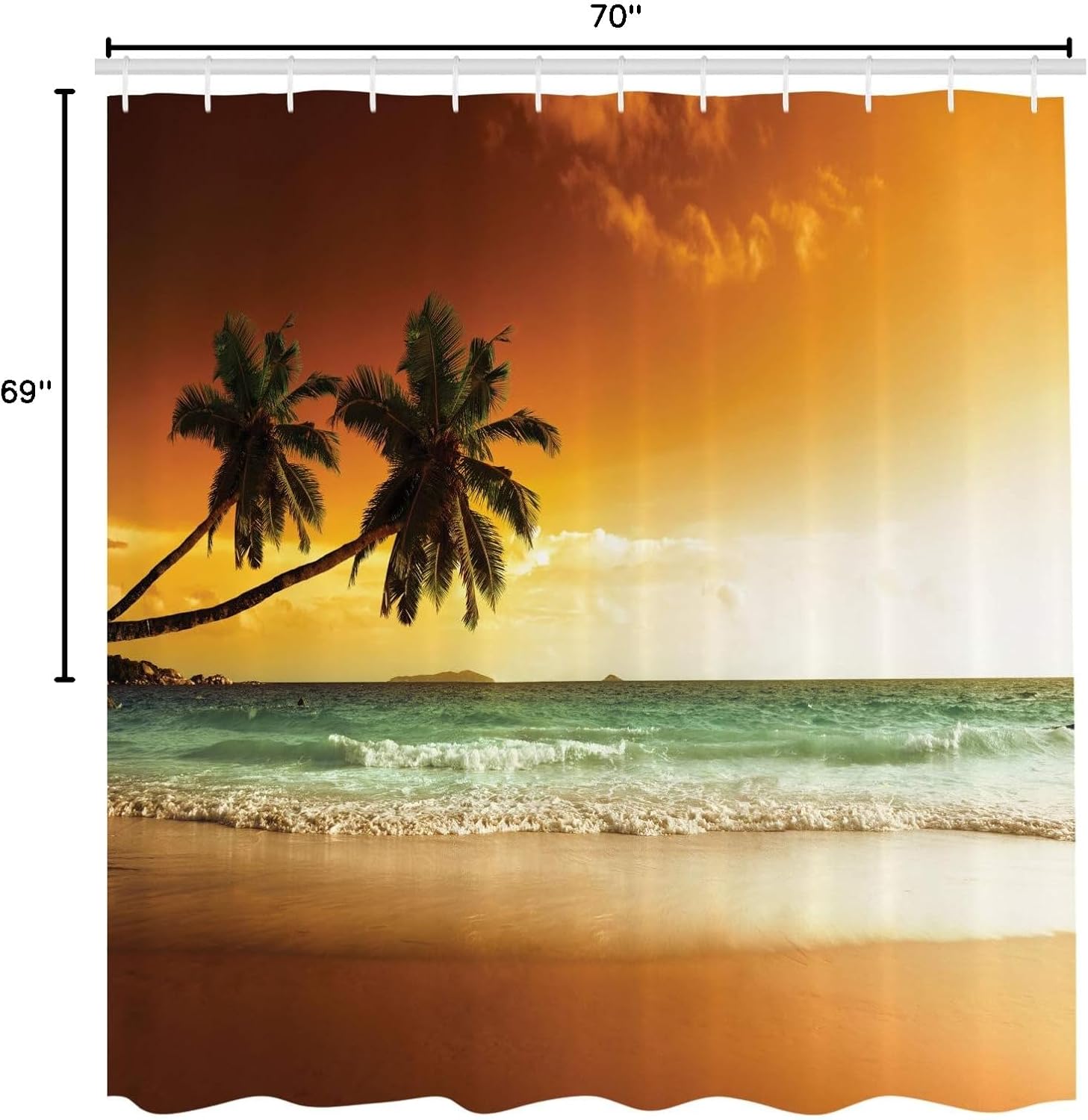 Ambesonne Tropical Shower Curtain, Palm Trees Over Wavy Ocean Sandy Beach and Dramatic Sky Exotic Vacation, Cloth Fabric Bathroom Decor Set with Hooks, 69" W x 70" L, Amber Green White