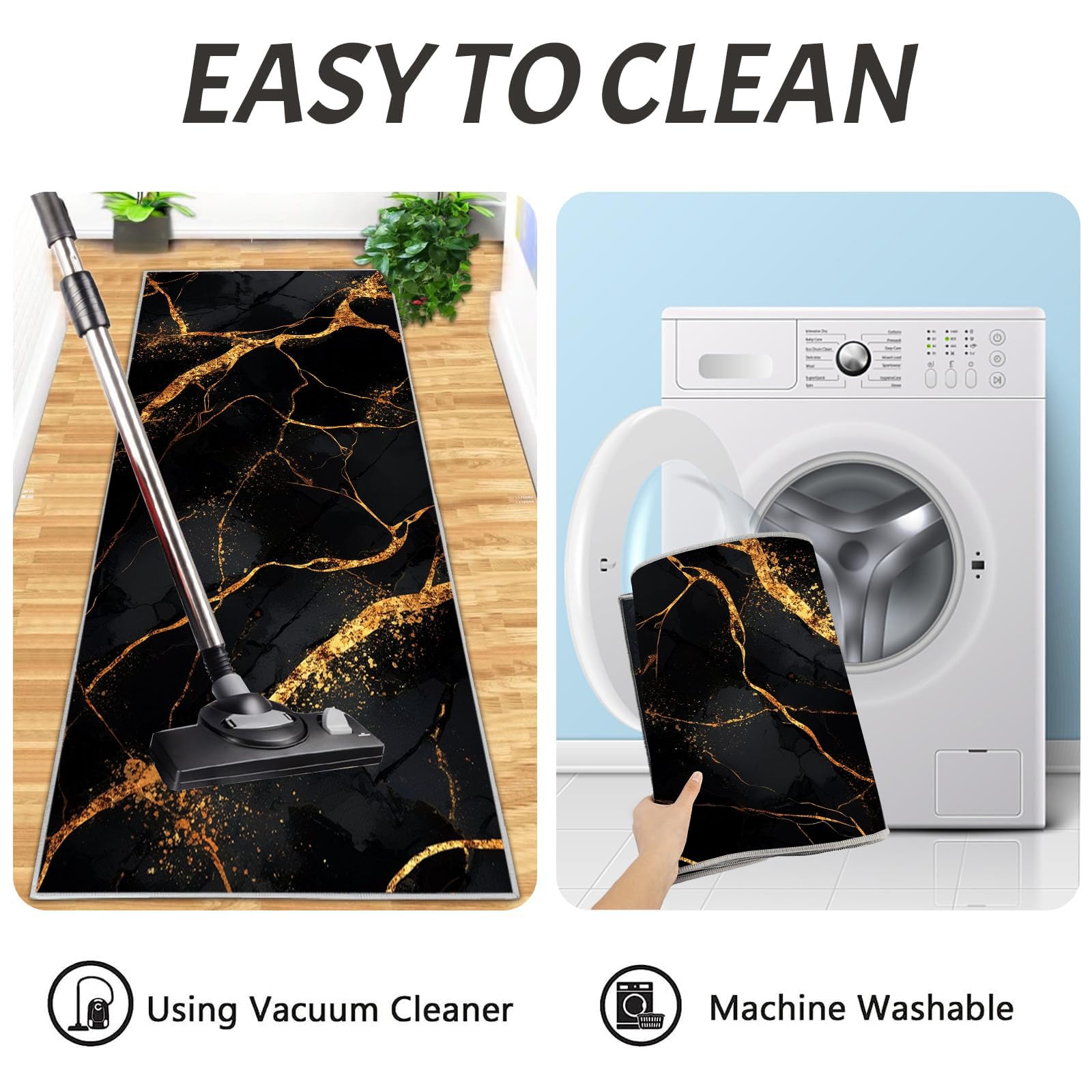 Set Di 2 Tappeto Cucina - Impermeabile - Antiscivolo - Antimacchia - Lavabili - Tappetini Da Strisce Astratte - Per Corridoio Cucina - Marmo Elegante - Oro Nero - 40X60+40X120Cm