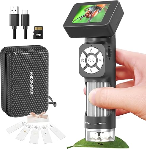 Andonstar AD112 Kit de microscopio de bolsillo portátil para niños y adultos con pantalla LCD de 2 pulgadas, mini microscopio digital de mano con 8