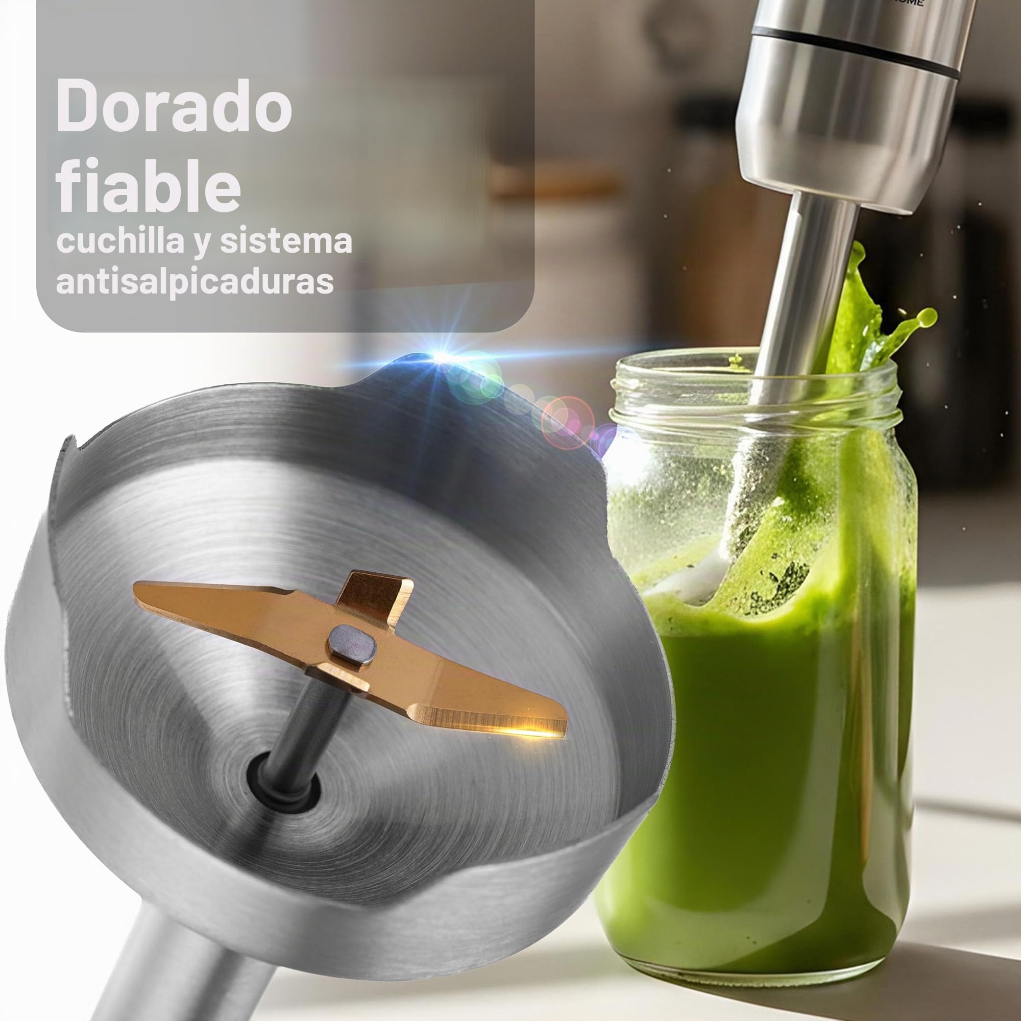 LEHMANN Batidora de mano multifunción 5 en 1, Potencia 1200W, Acero inoxidable, 8 velocidades ajustables + función Turbo, 6 Accesorios incluidos, Picadora 500 ml & Vaso medidor 860 ml, Libre de BPA