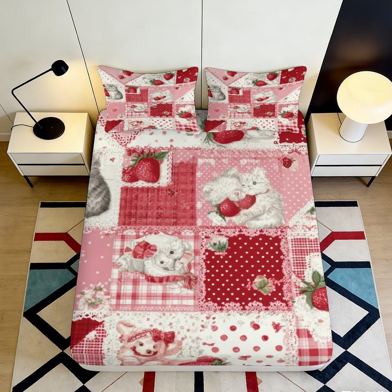 Jqzkxnhpbr Style-9 3D Printed Strawberry Patchwork Fitted Sheet Microfiber Soft Pink Red Plaid Bed Cover For Bedroom Guest Room Decor 90X200x25cm