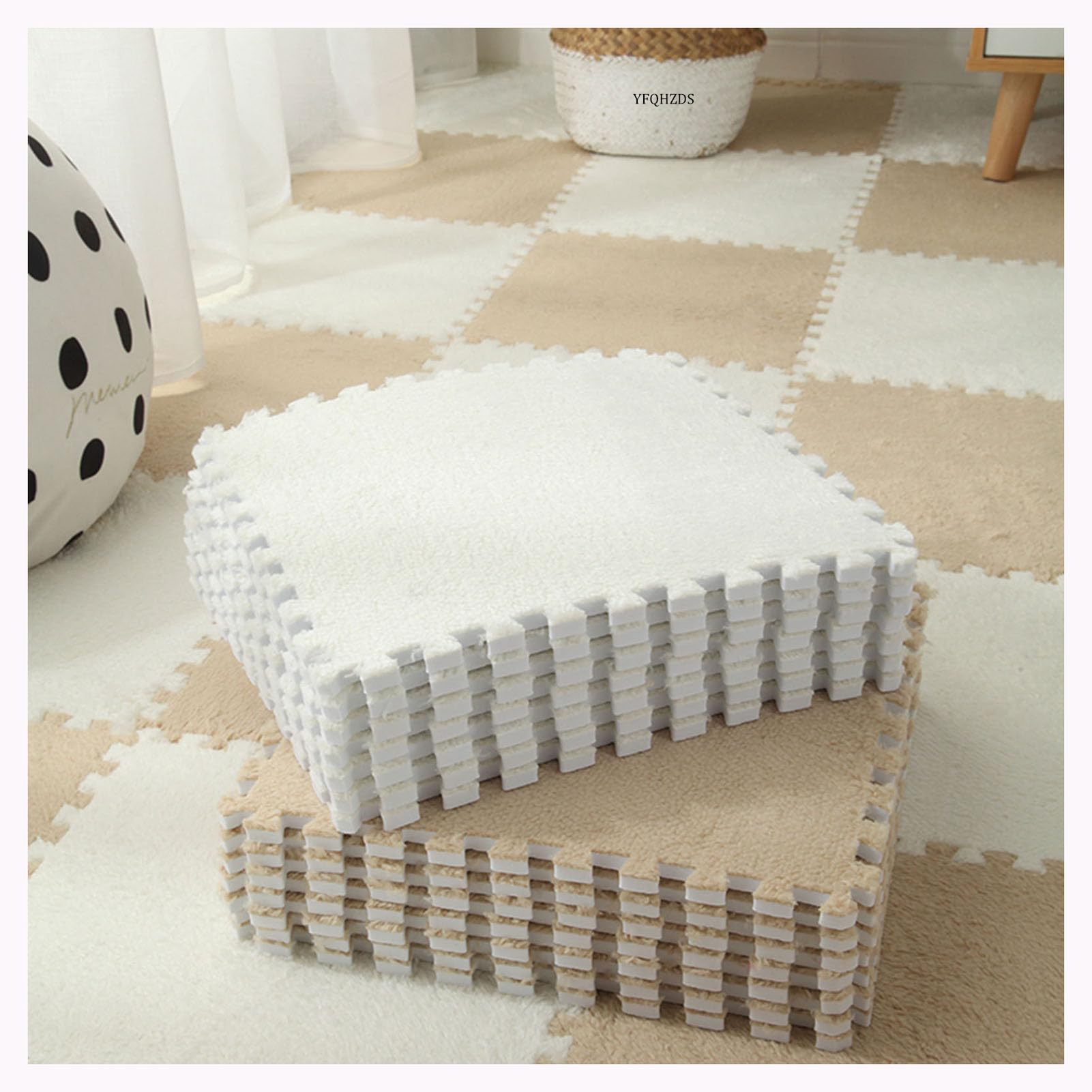 Tapis en Mousse, Dalles de Moquette emboîtables en Mousse Peluche 30x30 cm Multicolore Paquet 30(Light Brown+White)