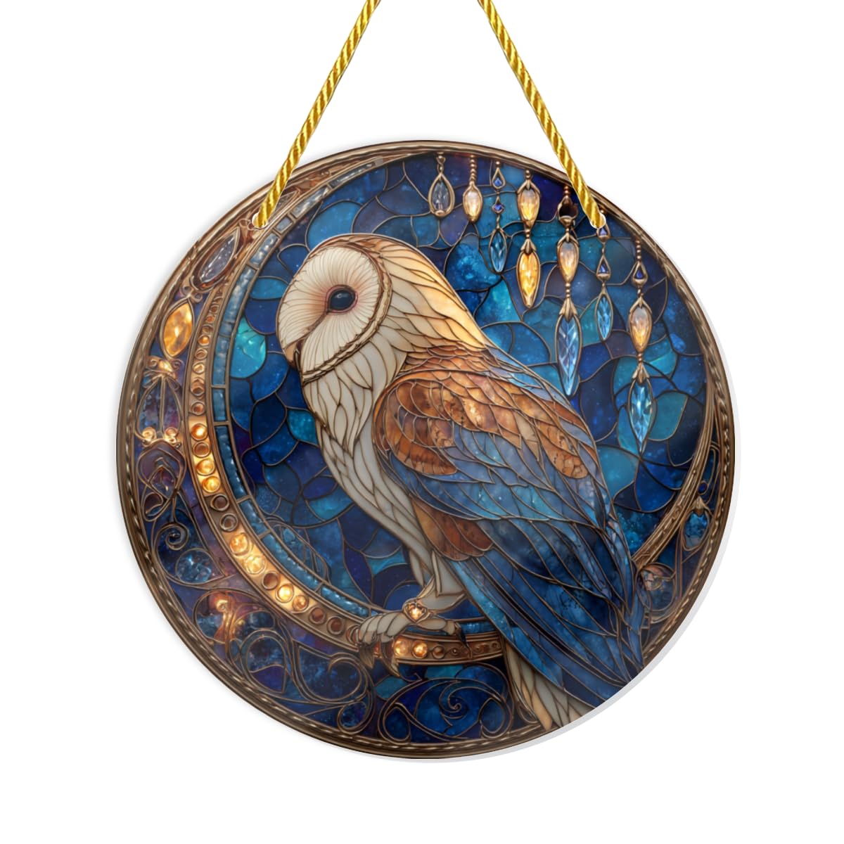 Smart Owl and Moon - Colored Glass Styles Suncatchers 8x8 Inch 2mm Thick Acrylic Hanging Ornaments for Spiritual