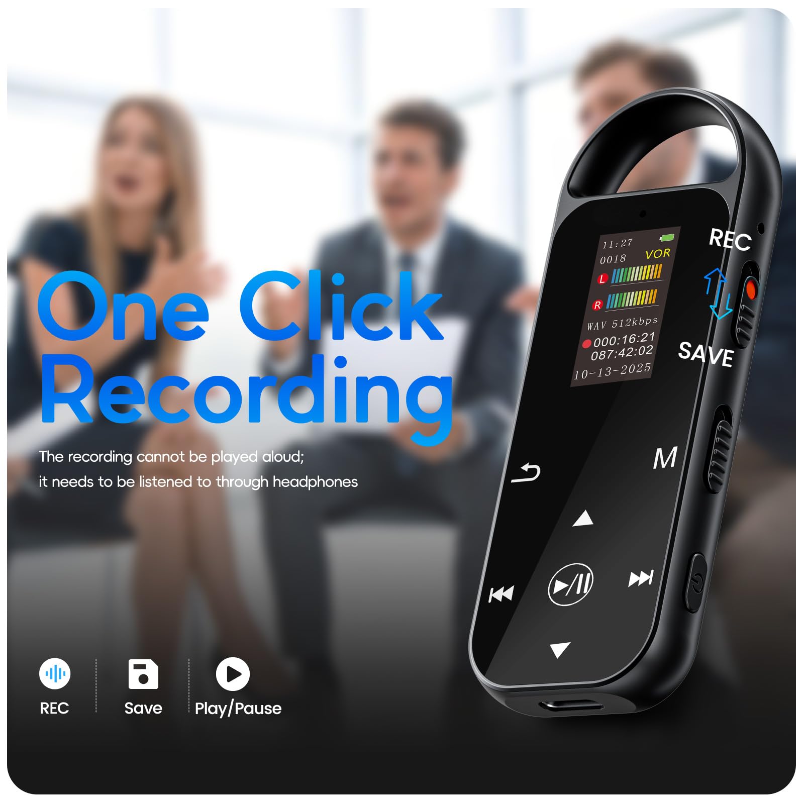Digitales Diktiergerät mit Wiedergabe, 64 GB, tragbares Audio-Aufnahmegerät für Vorträge, Meetings, Interviews, Sprachaktivierter Rekorder mit Rauschunterdrückung, A-B-Wiederholung, Touch-Taste und