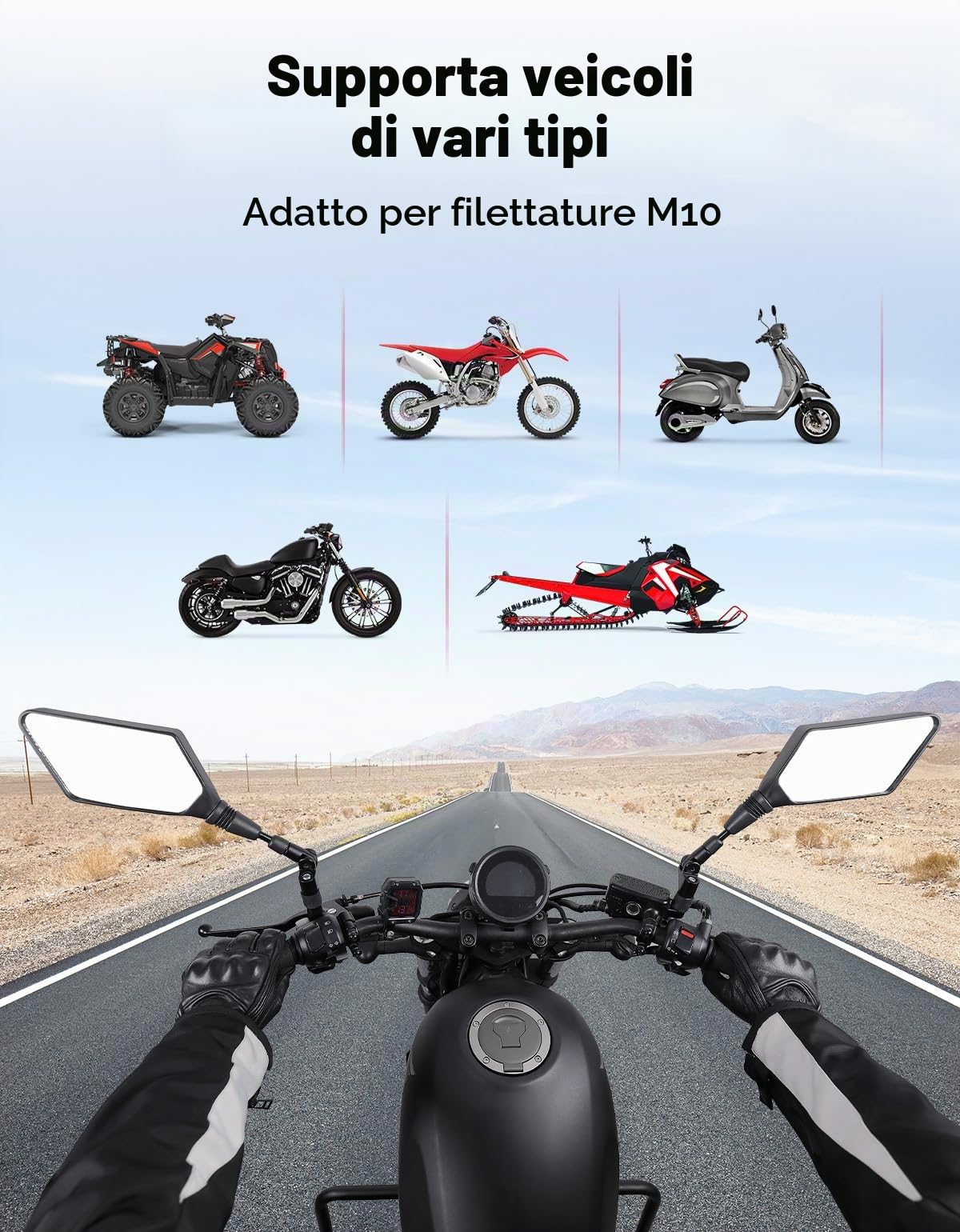 KEMIMOTO Specchietti Retrovisore Moto, E57 Omologati, Specchietto Moto Universali con M10, Specchi Laterale con Staffa per Motociclo, ATV, Scooter, Moped