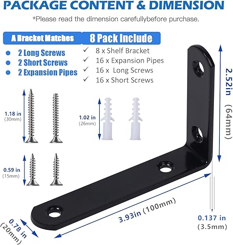 Miniatura 2 de 8 soportes de estante en L color negro, soporte de esquina de acero resistente de 4 pulgadas3.937 x 2.520 x 0.138 in, soporte de ángulo de
