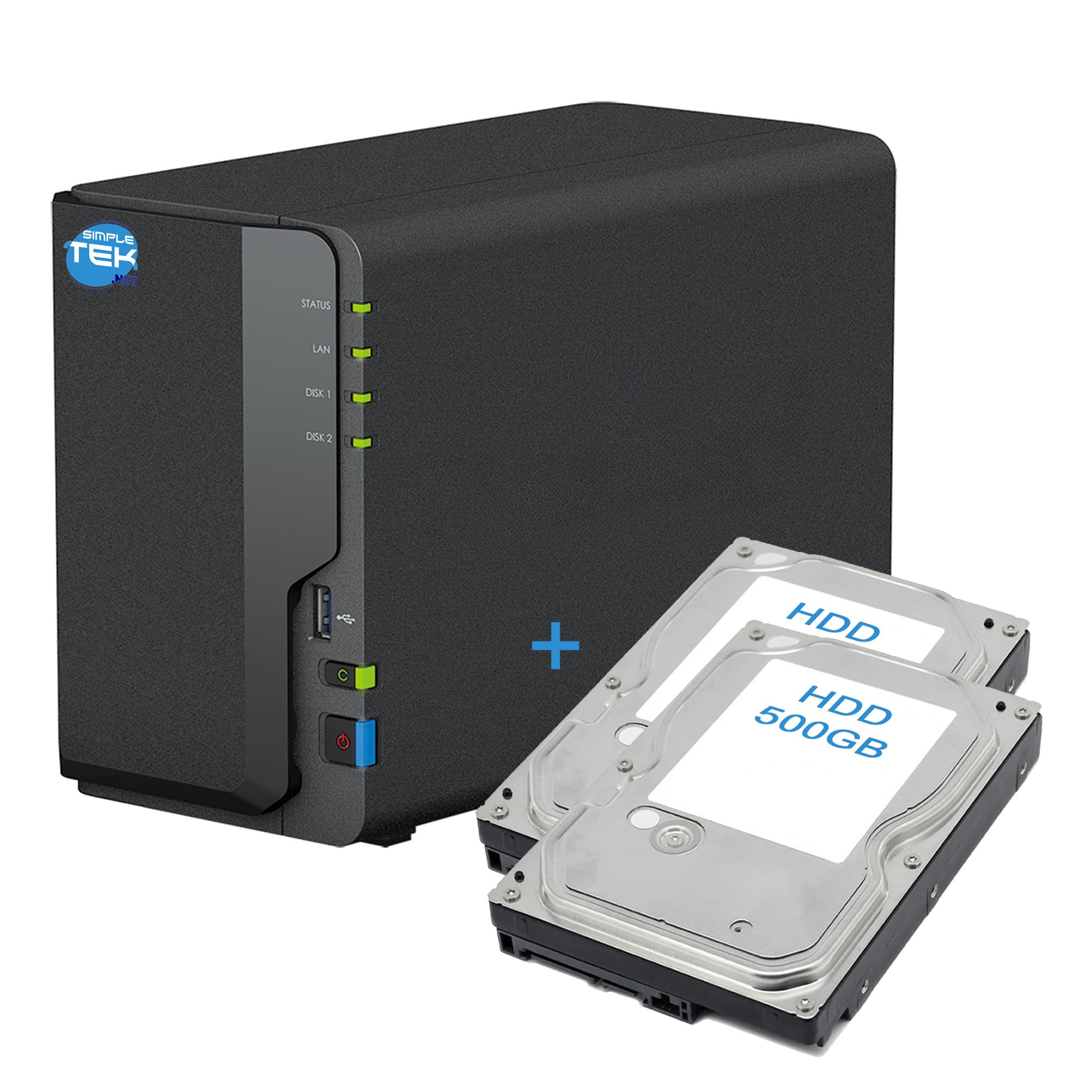 SIMPLETEK - 2-kieszeniowe urządzenie sieciowe NAS z podwójnym dyskiem HDD 500+500 GB, Gigabit Ethernet LAN, kopiowanie USB, 2 GB DDR4 (odnowiony)
