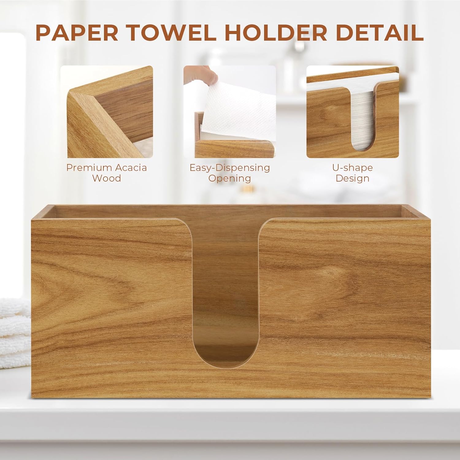 Acacia Wood Paper Towel Dispenser Countertop, Paper Towel Holder for Bathroom Kitchen Napkin Holder Folded Paper Towel Dispenser Fits Multifold, C-Fold, Z-Fold, Trifold - Home Kitchen Bathroom - Image 3