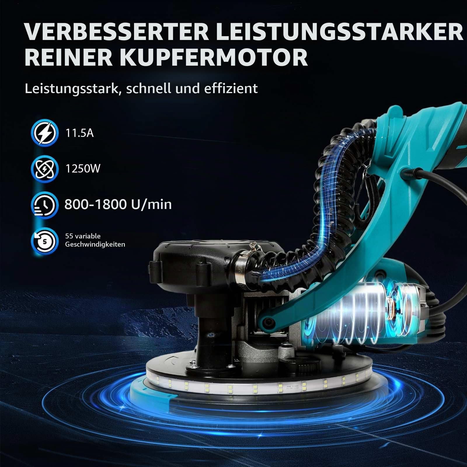 Giraffenschleifer, 1250 W, Wand- und Deckenschleifer, mit Staubsauger für Giraffen, Trockenbau, 1800 U/min, LED-Beleuchtung, Teleskopgriff, für Anfänger/professionelle Schleifarbeiten (blau)