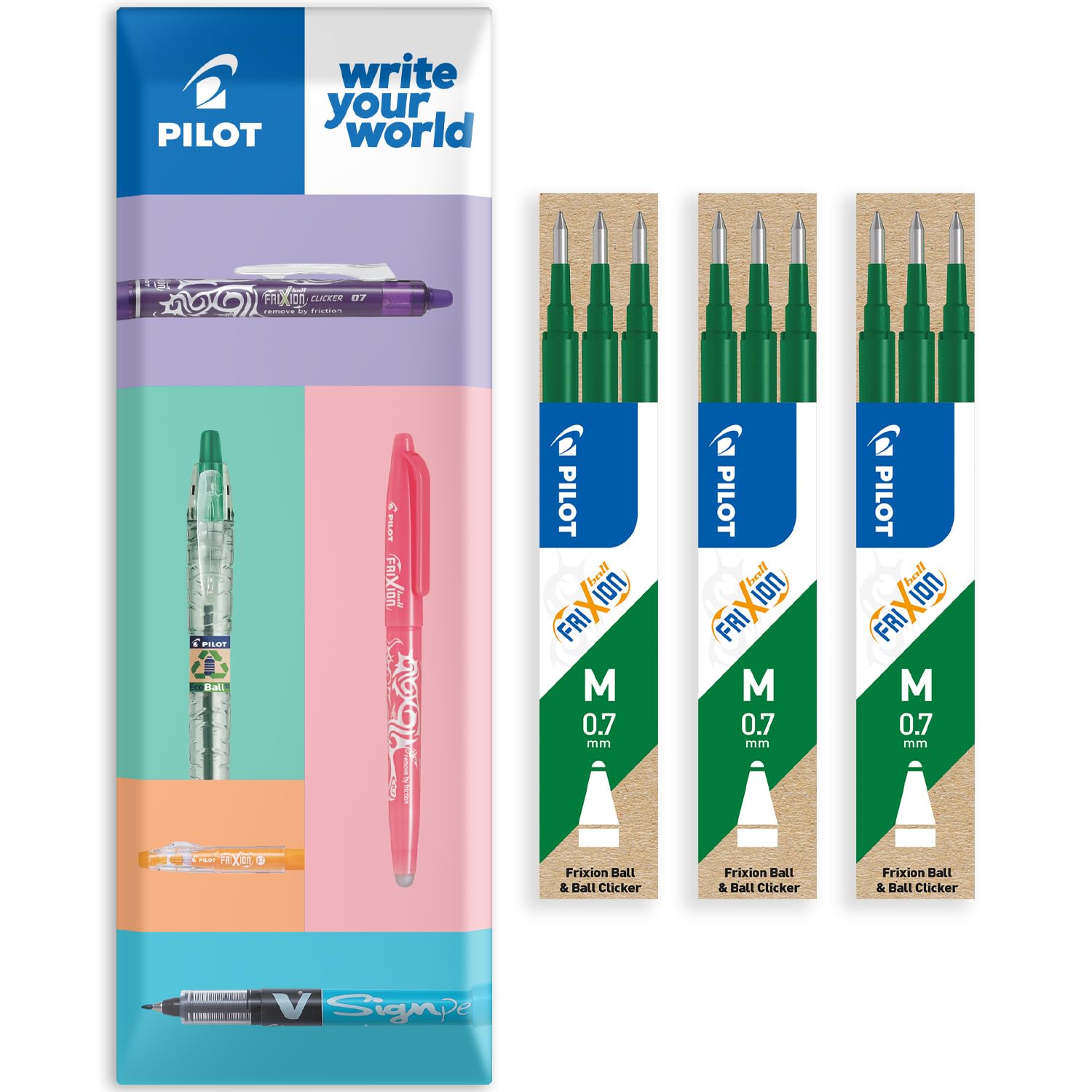 Pilot Frixion Heat/Friction Erasable Refill - Medium 0.7mm Line - Pack of 9 Refills - 3 Packs in Envelope Gift Packaging (Green)