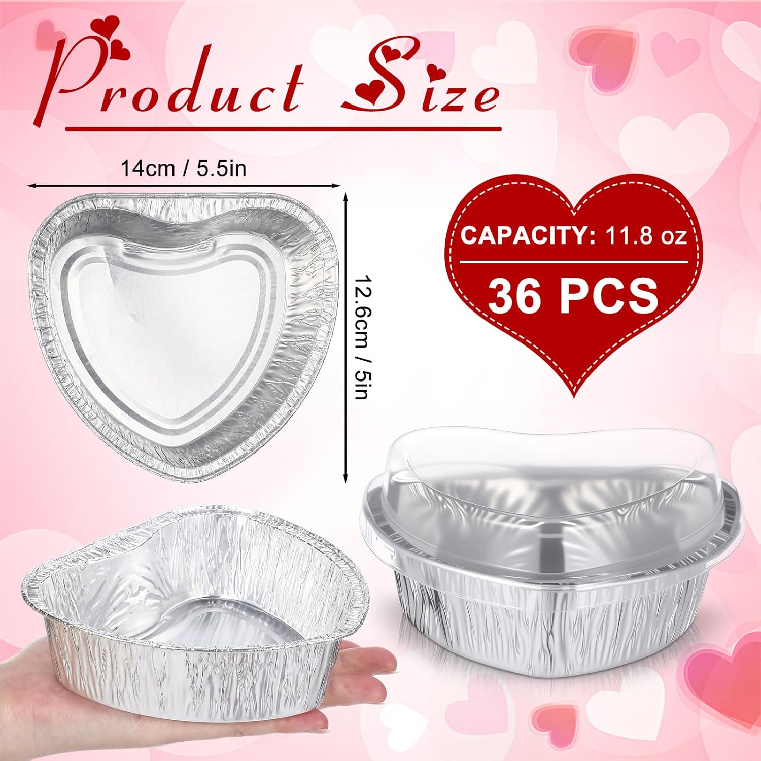 Hushee 36 Pcs 12 oz Valentine's Day Heart Shaped Cake Pan with Lid 5.5 Inch Aluminum Foil Disposable Cupcake Baking Pan Heart Food Packing Muffin Tin Liner Pudding Cooking Cup for Mother's Day