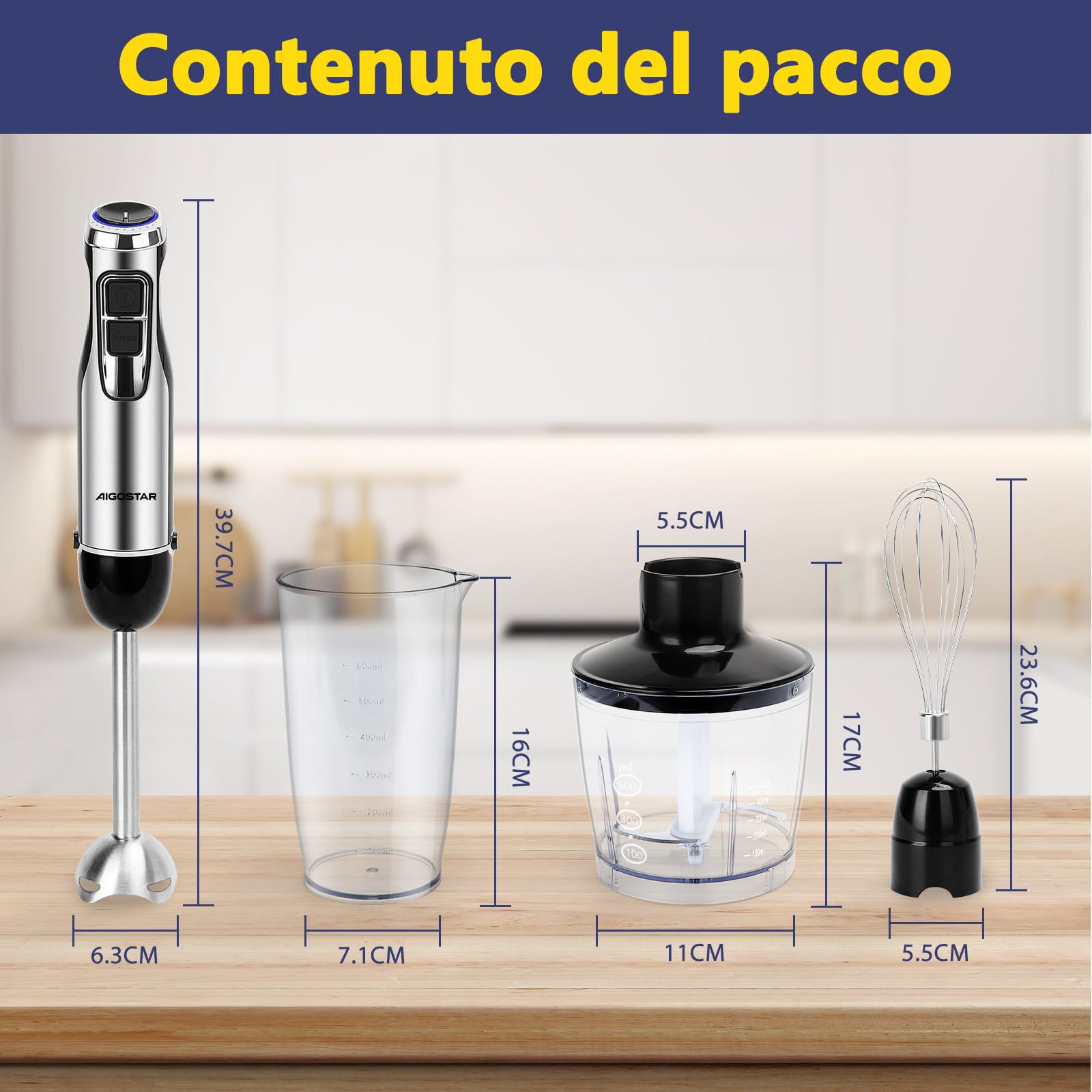 Aigostar Buckle - Frullatore a immersione 4 in 1 da 1000 W. Mixer subacqueo con 6 velocità + Turbo. Mixer multifunzione con tritacarne da 500 ml, misurino da 600 ml e frusta, senza BPA