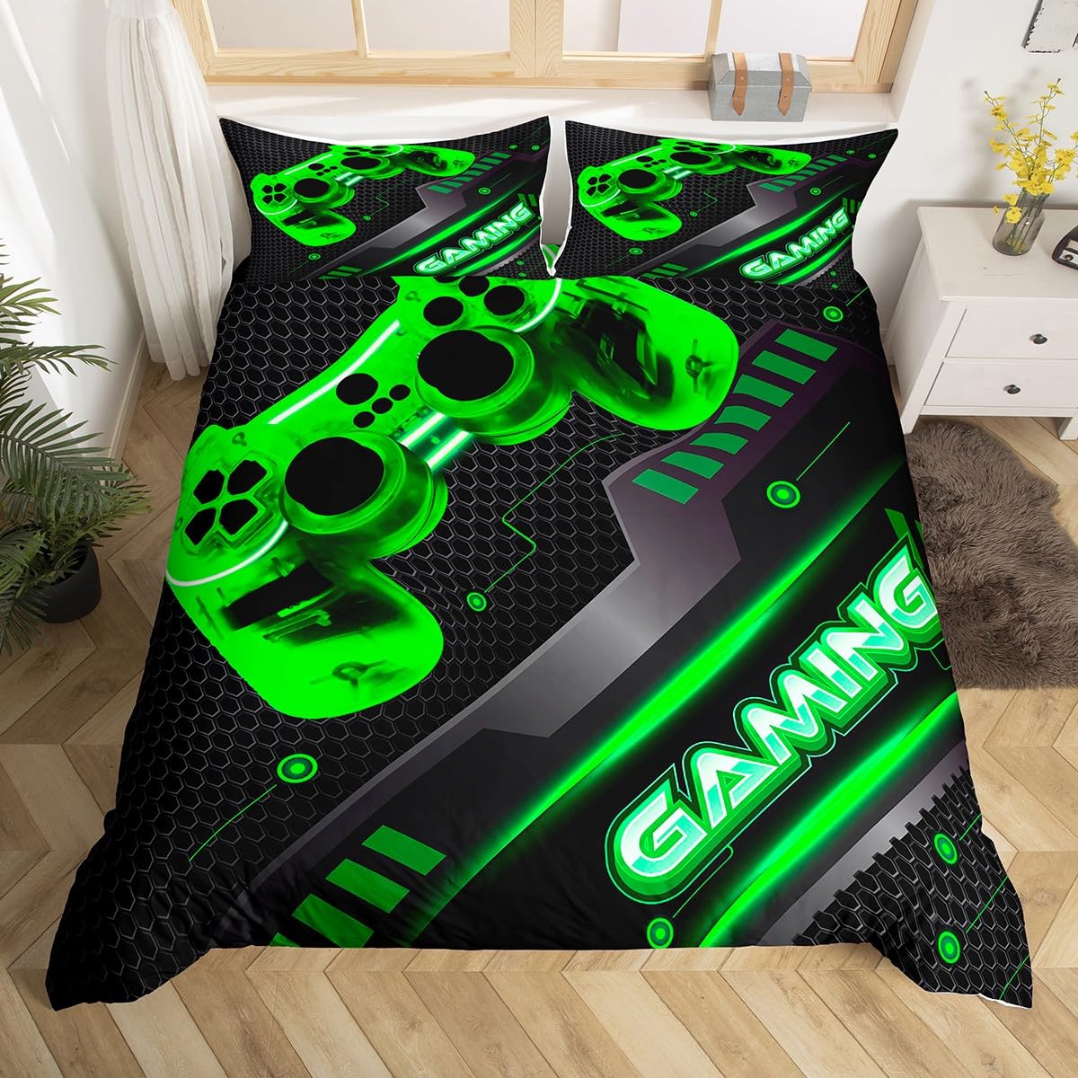 Gaming Bedding Set Super King Gamer Duvet Cover for Boys Girls 2 Pieces Kids Teens Video Game Gamepad Geometric Microfiber (Green,Single) Comforter Cover with 2 Pillowcase โ image 1