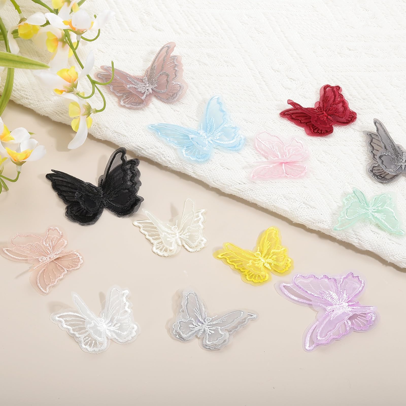 PATIKIL 10pcs Parches de Mariposas, Mariposa Encaje Apliques Doble Capa Organza Accesorio para Coser Novia Vestido Ropa Sombrero Cabello Boda Decoración Manualidad DIY, 6x5cm, Blanco