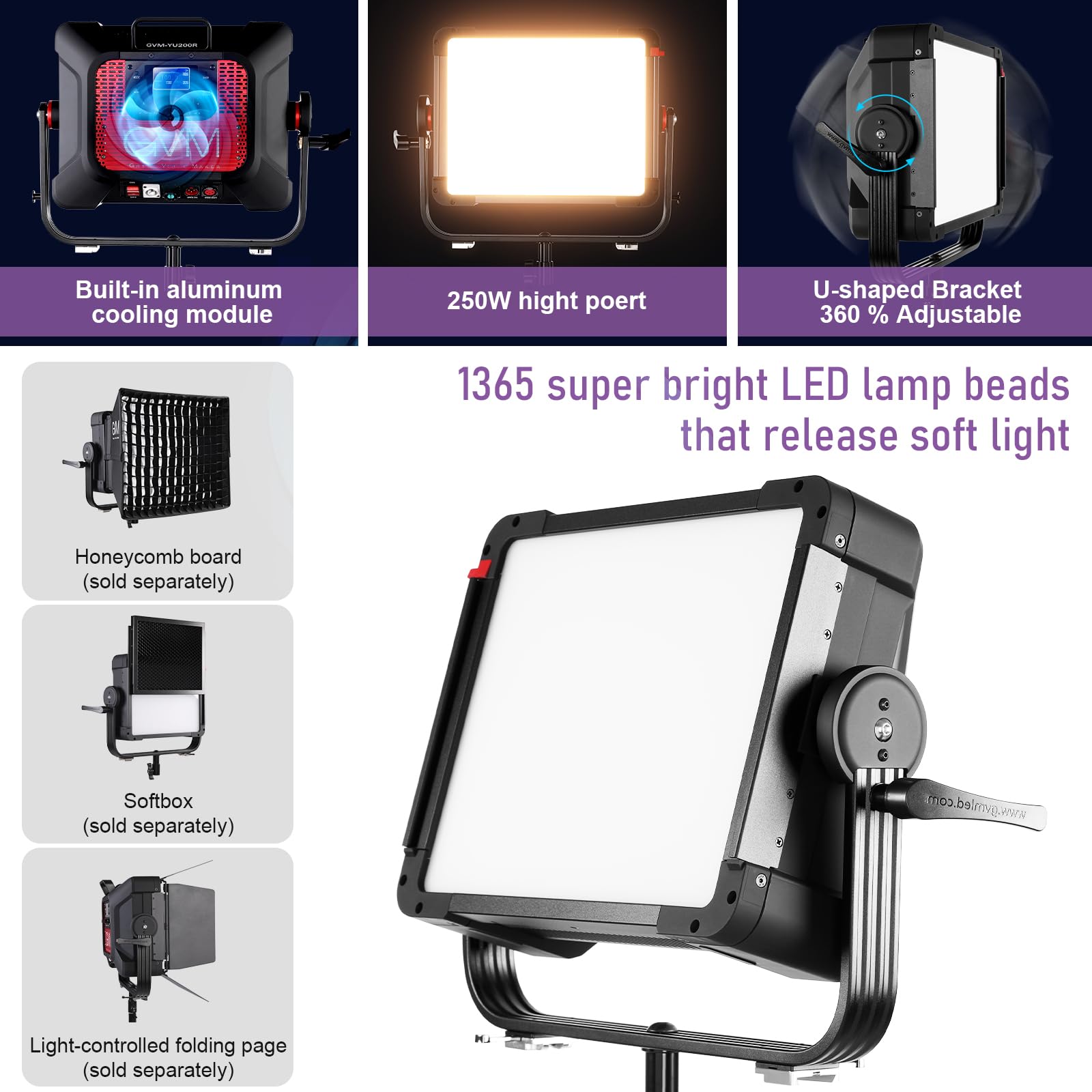 GVM - Lampada video a LED RGB, 200 W, controllo tramite app, illuminazione video a LED, 2700 K ~ 7500 K, CRI97+, luce da studio, luce continua, per video, YouTube, set da studio, matrimonio, 12 scene