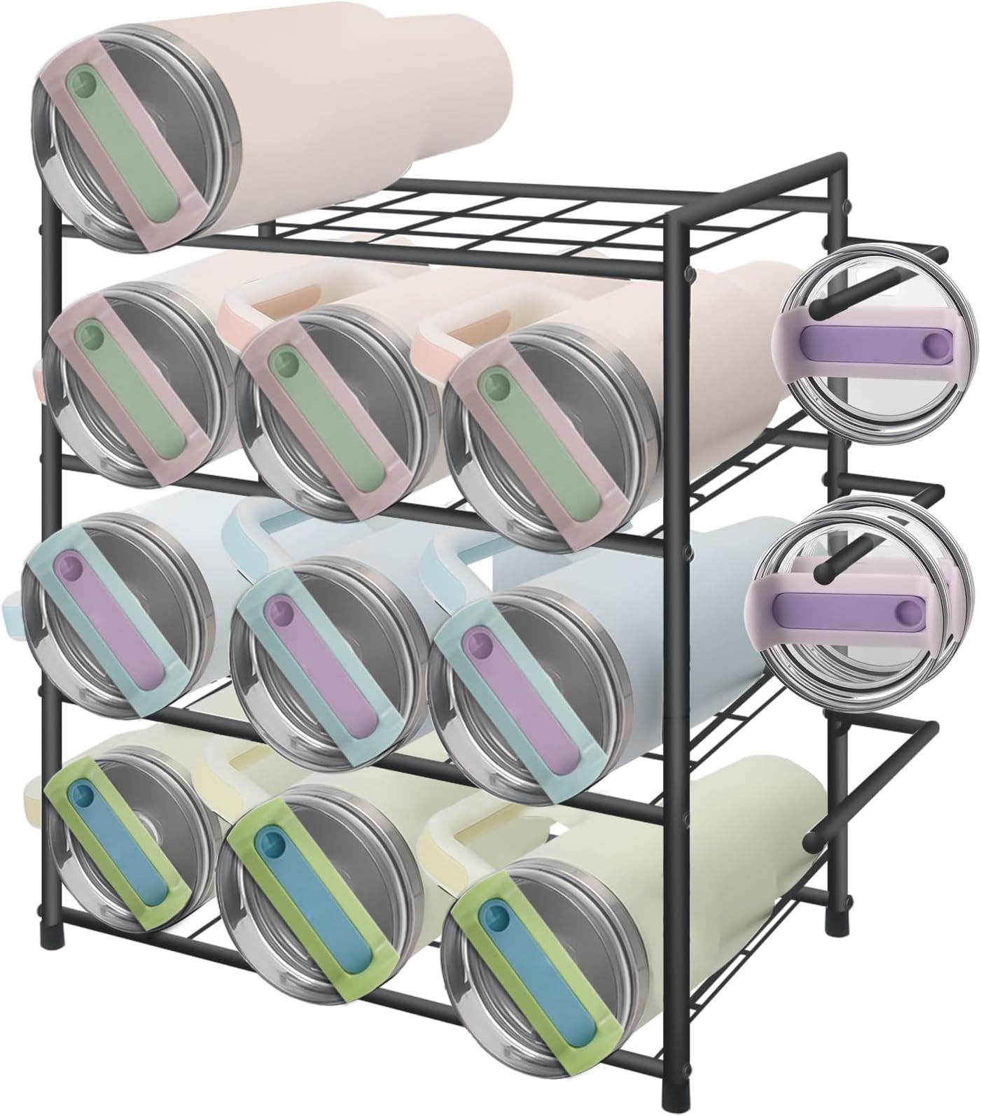 Water Bottle Tumbler Cup Organizer Holder fit for 12x Stanley 40oz with Handle, Stackable 4-Tier Large Cup Storage Rack with Tumbler Lid Accessories Hanging Organizer, Kitchen Cabinet Countertop