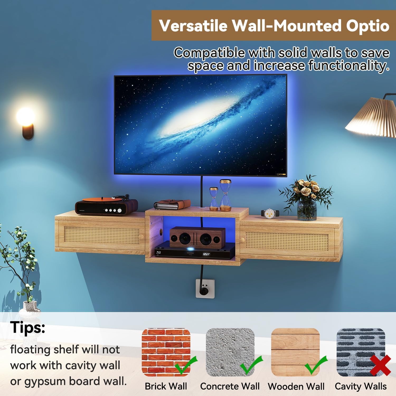 IBUYKE Modern Rattan Floating TV Stand with Doors,Wall Mounted TV Shelf for TVs up to 55 Inches,Media Console Entertainment Center for Under TV Storage Cabinet for Living Room Bedroom,Natural UWST012N