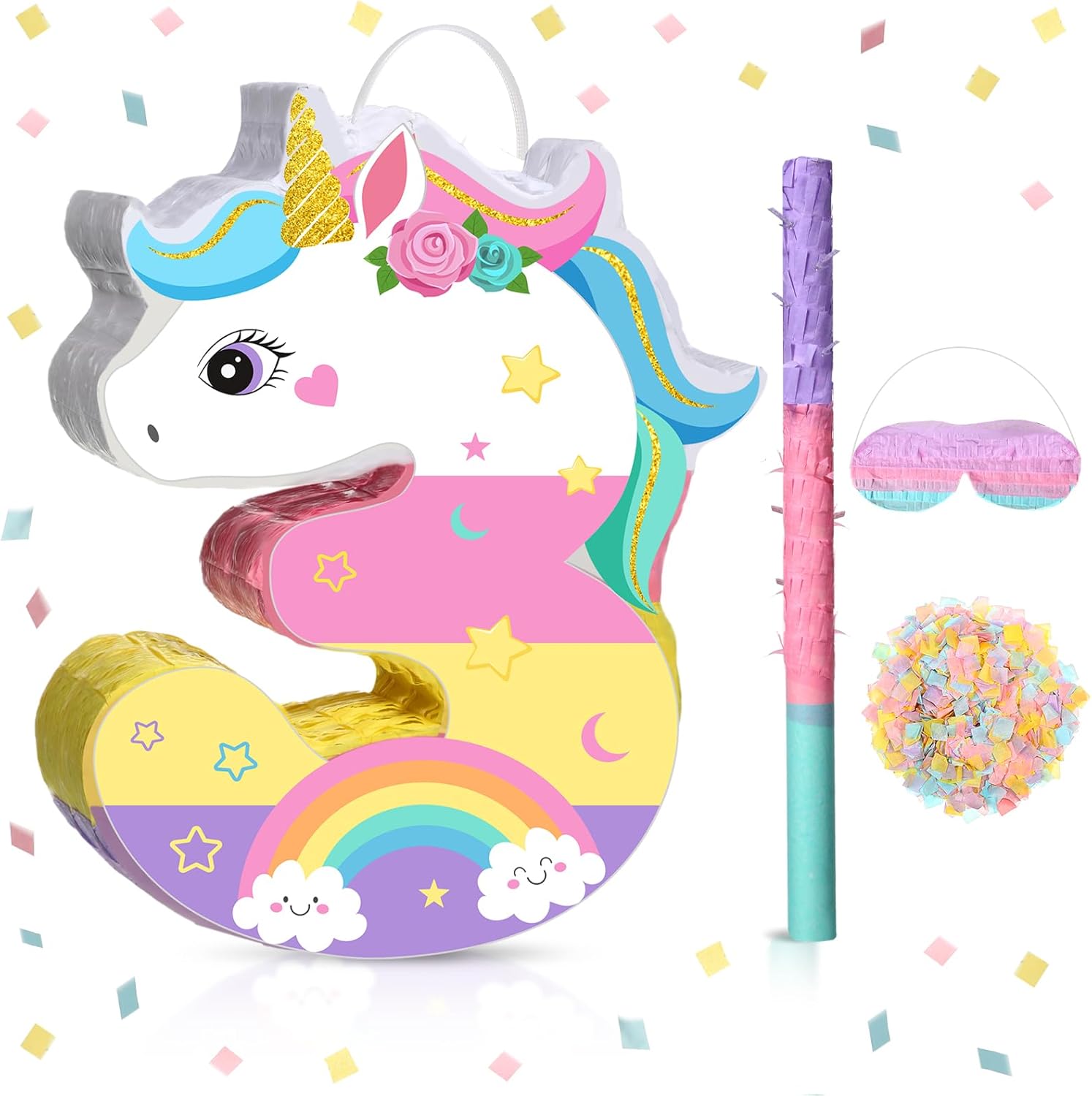 Unicorn Piñata Girl 3rd Birthday Decoration Number 3 Piñata Unicorn 3 Piñata 3 Piñata with Blindfold Stick Confetti Girl 3rd Birthday Party Decoration for Celebration Birthday Party Supply